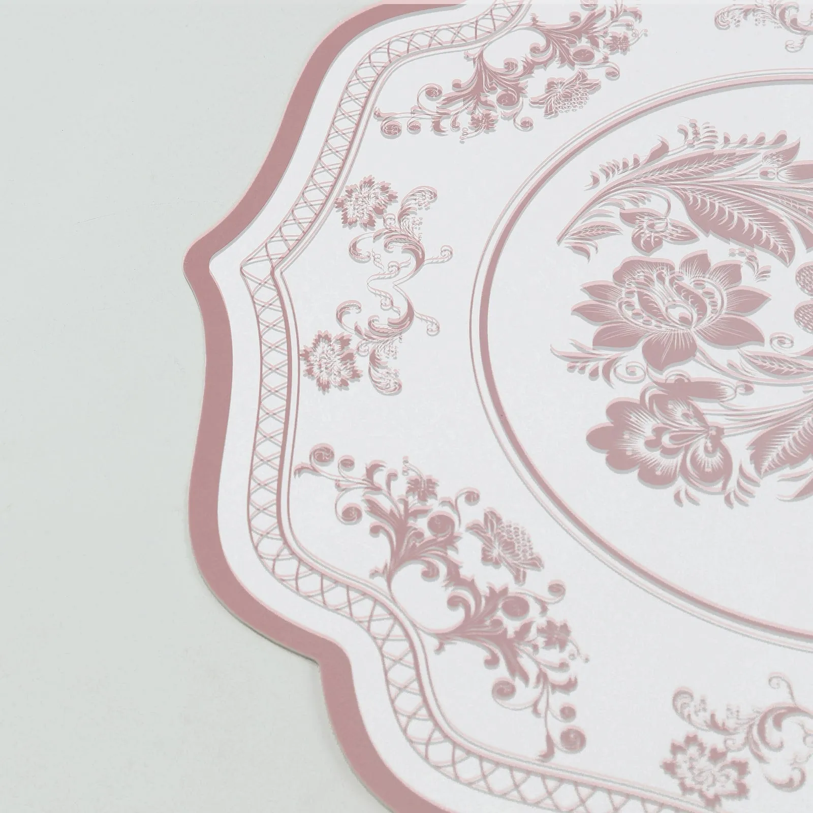 10 Pack White Pink Cardboard Paper Table Mats with French Toile Pattern, 13" Round Disposable Placemats with Scalloped Rim - 400 GSM