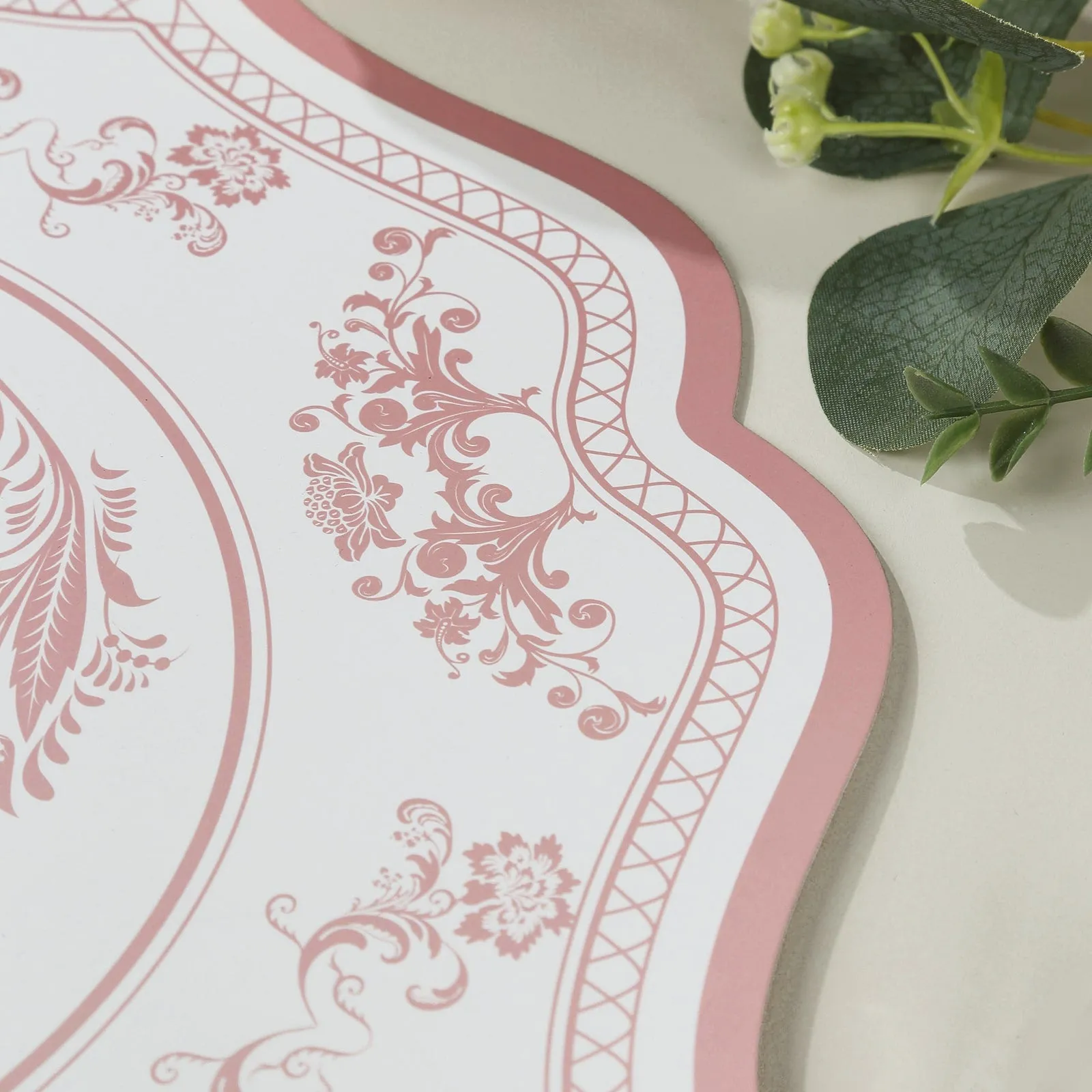 10 Pack White Pink Cardboard Paper Table Mats with French Toile Pattern, 13" Round Disposable Placemats with Scalloped Rim - 400 GSM