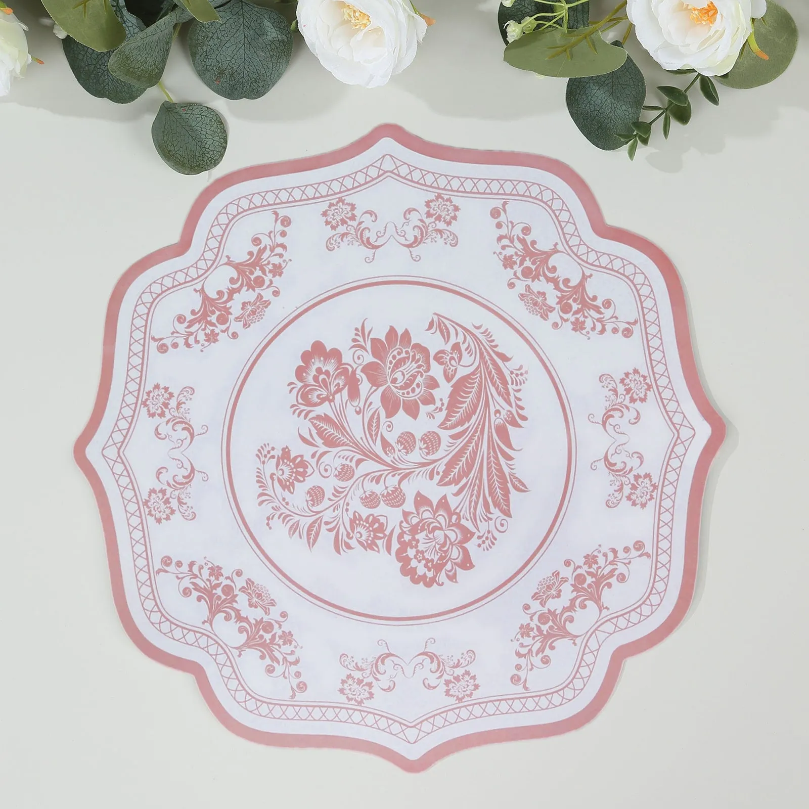 10 Pack White Pink Cardboard Paper Table Mats with French Toile Pattern, 13" Round Disposable Placemats with Scalloped Rim - 400 GSM