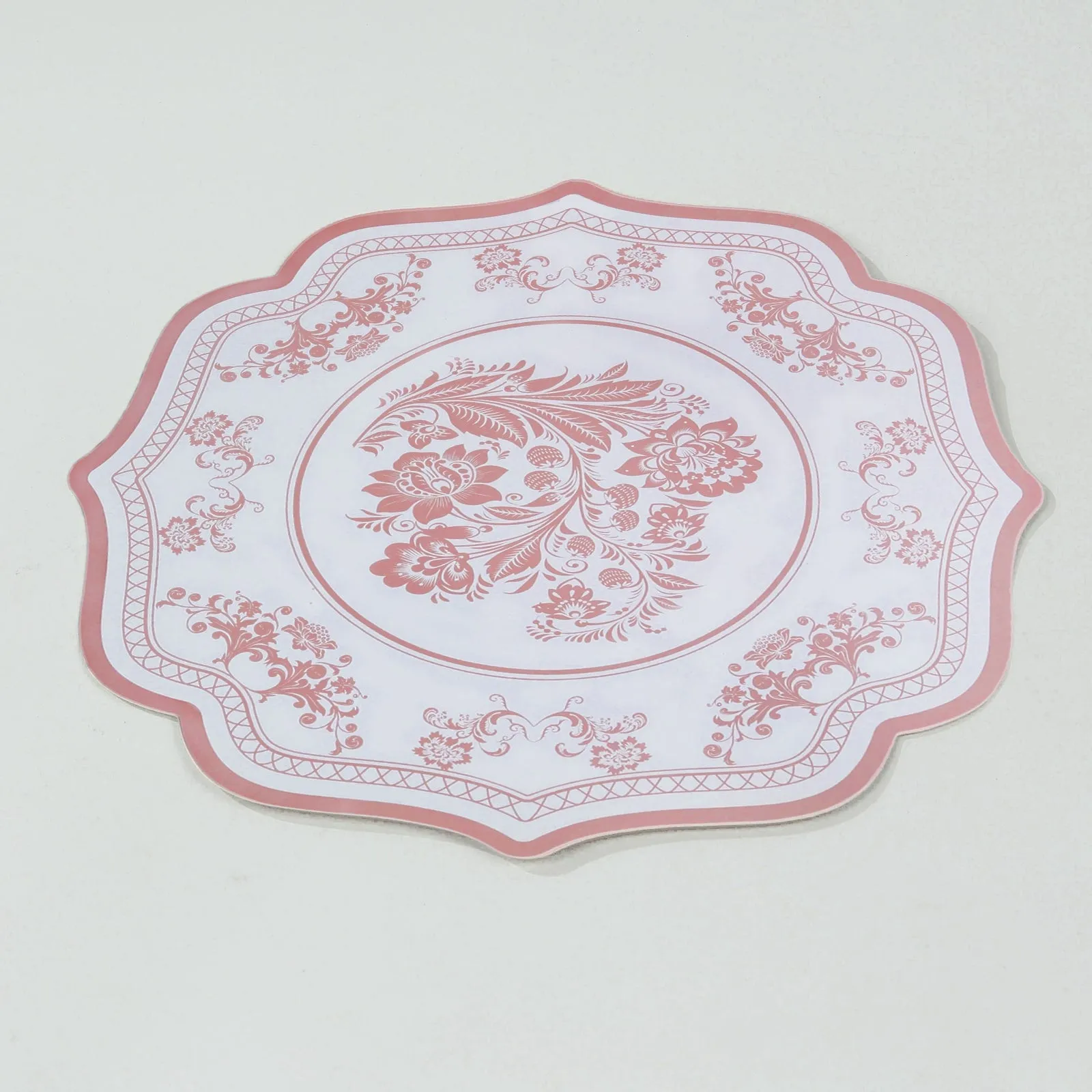 10 Pack White Pink Cardboard Paper Table Mats with French Toile Pattern, 13" Round Disposable Placemats with Scalloped Rim - 400 GSM