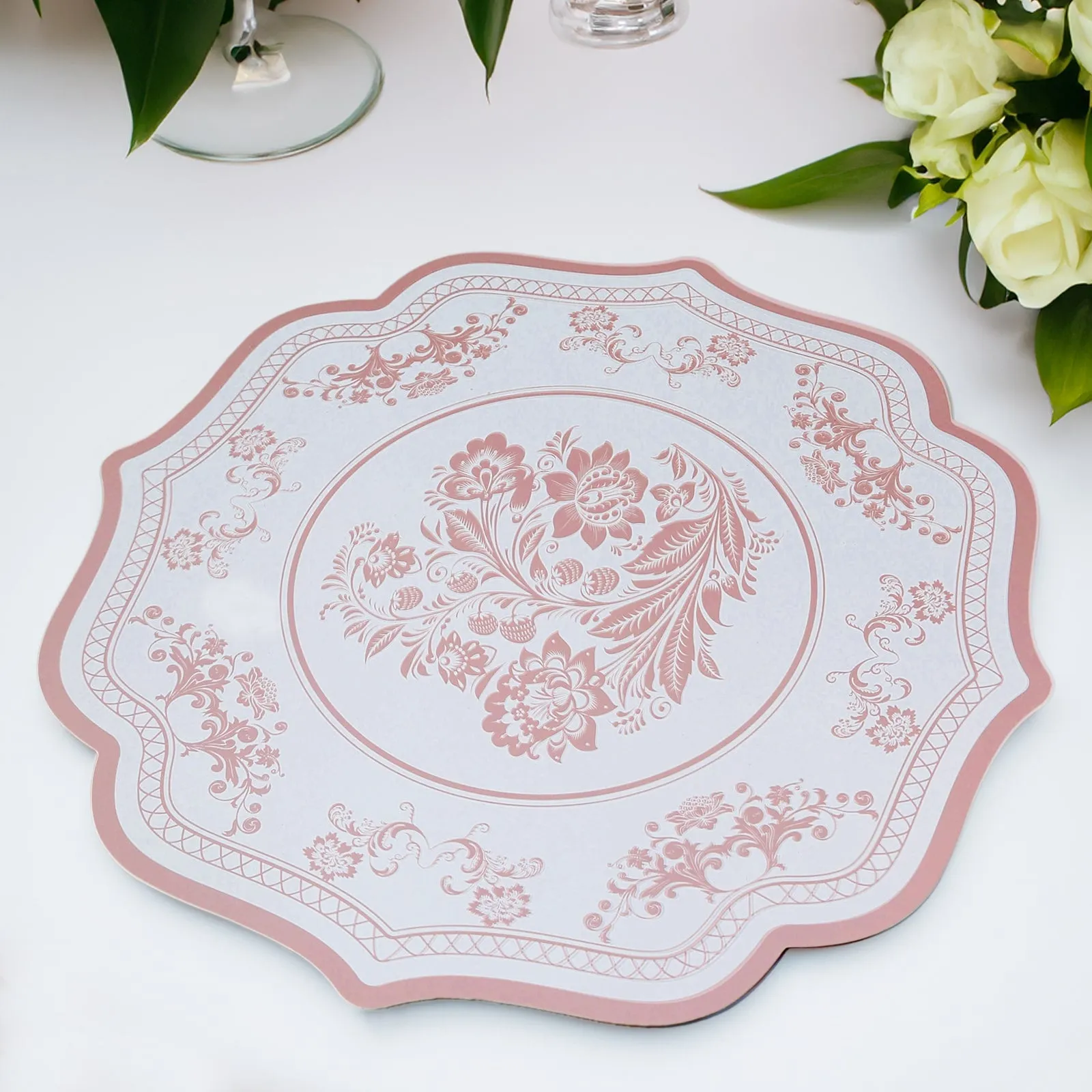 10 Pack White Pink Cardboard Paper Table Mats with French Toile Pattern, 13" Round Disposable Placemats with Scalloped Rim - 400 GSM