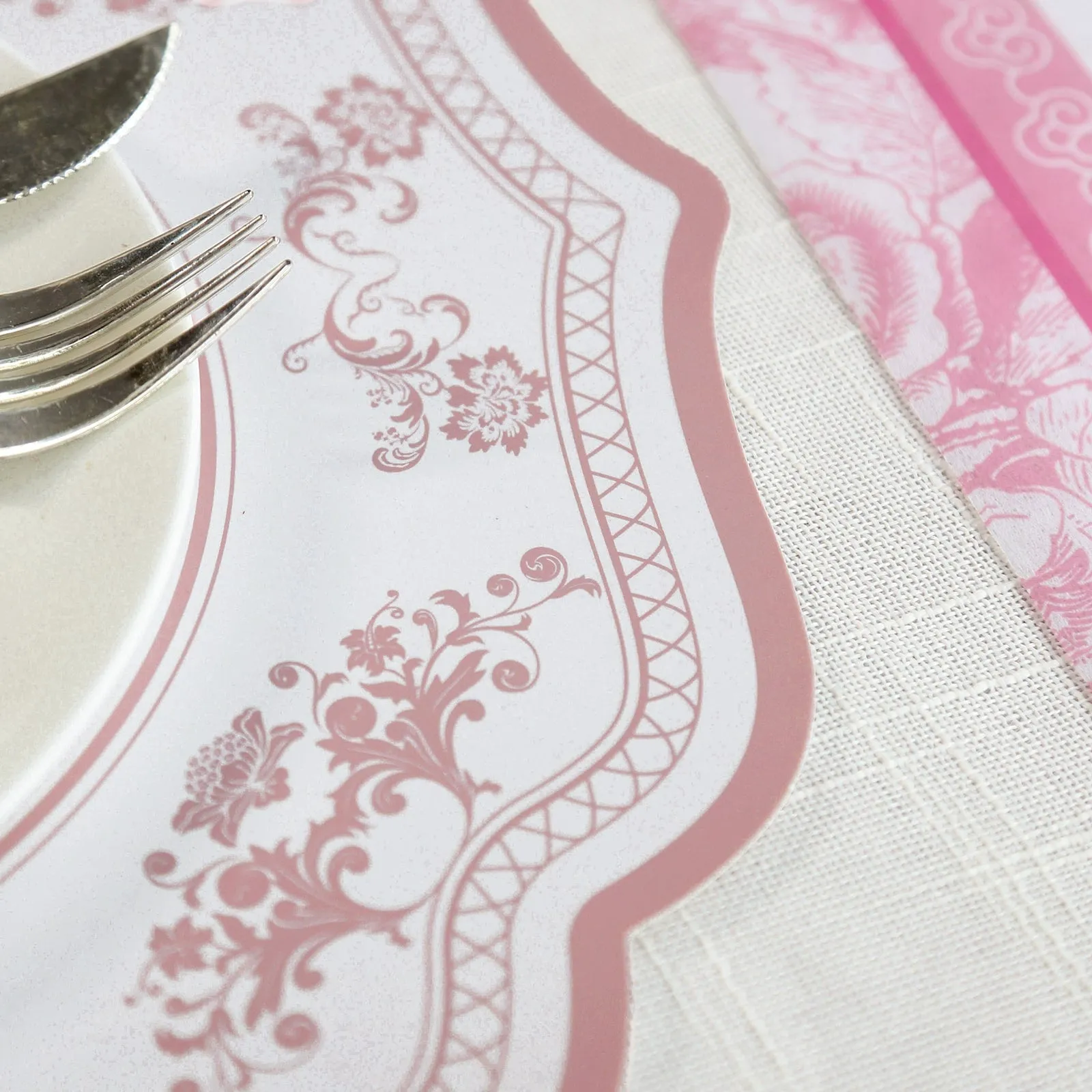 10 Pack White Pink Cardboard Paper Table Mats with French Toile Pattern, 13" Round Disposable Placemats with Scalloped Rim - 400 GSM