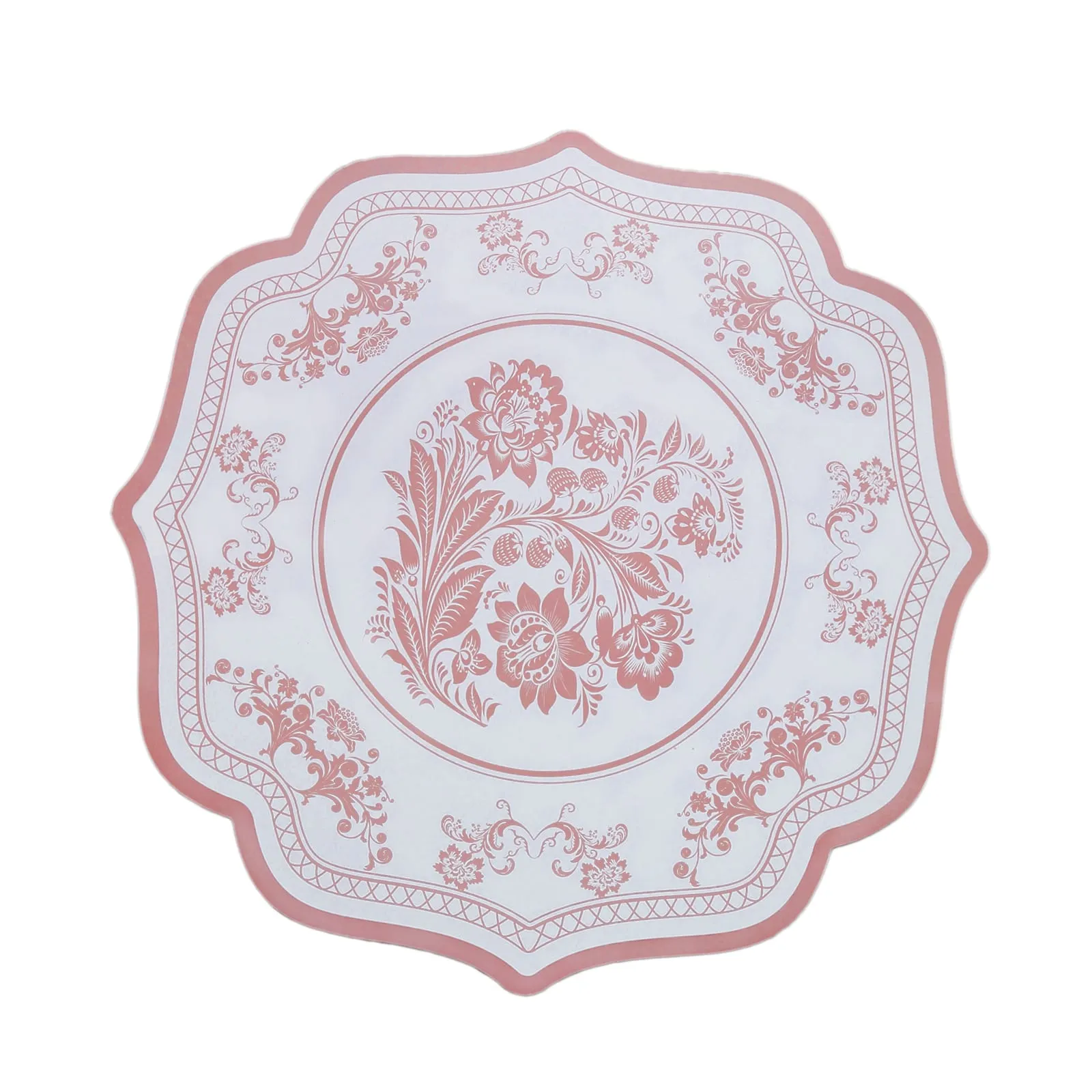 10 Pack White Pink Cardboard Paper Table Mats with French Toile Pattern, 13" Round Disposable Placemats with Scalloped Rim - 400 GSM