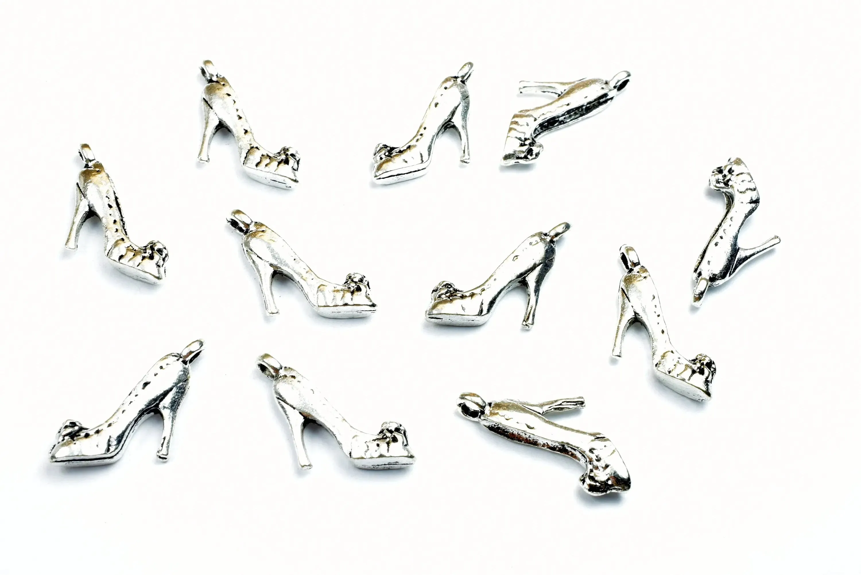 10PCs High Heel Shoe Charms Antique Tibetan Silver Tone 3D Charm Size 21x13.5mm, 2mm Jump Ring Findings for Jewelry Making