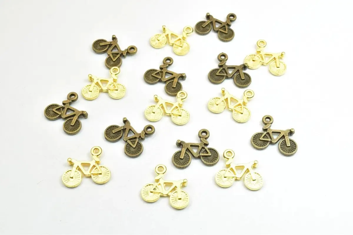 16 PCs Bicycle Charm Pendants Antique Green/Gold Beads Base Metal Alloy Pendant Size 15x16mm Jump Ring Size 1mm For Jewelry Making