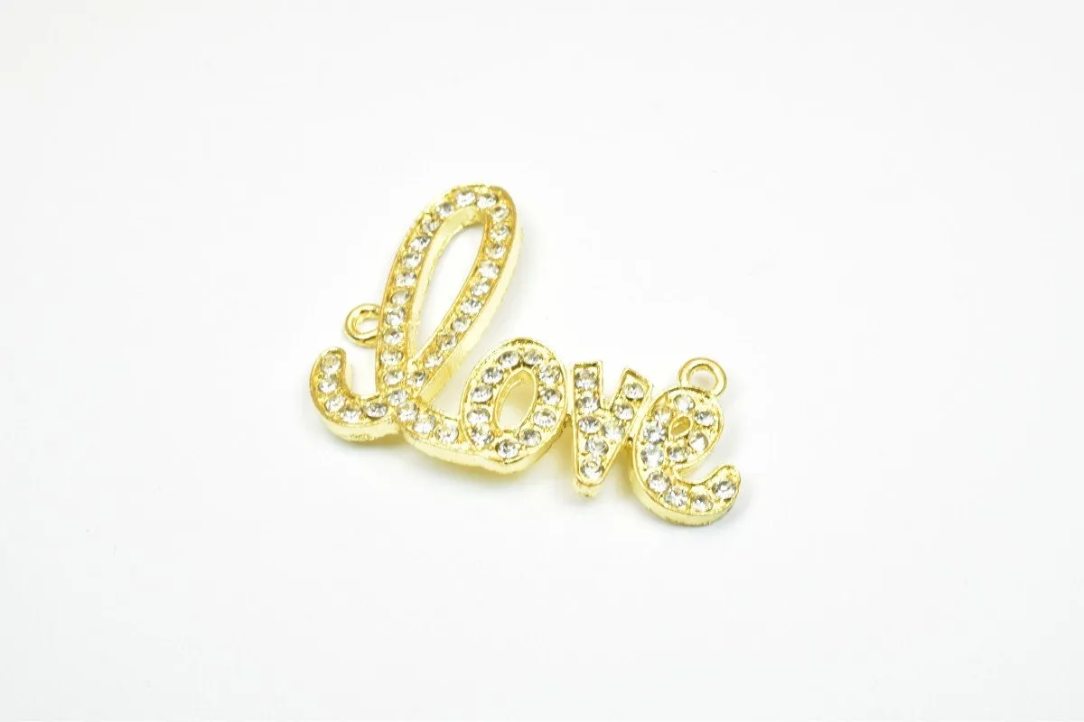 2 PCs Love Rhinestone Connector Pendant Charm Pave Beads Finding Size 33x42mm Thickness 3mm 2 Jump Rings 2mm For Jewelry Making