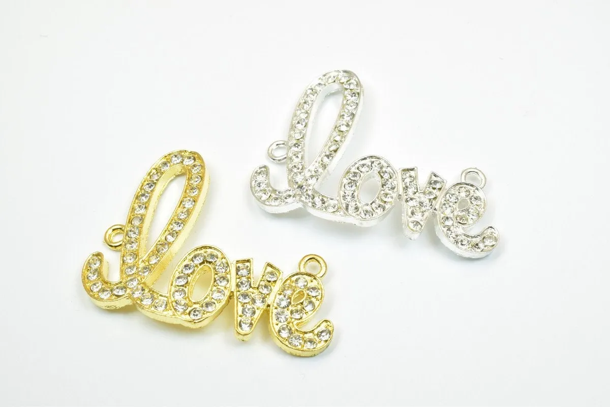 2 PCs Love Rhinestone Connector Pendant Charm Pave Beads Finding Size 33x42mm Thickness 3mm 2 Jump Rings 2mm For Jewelry Making