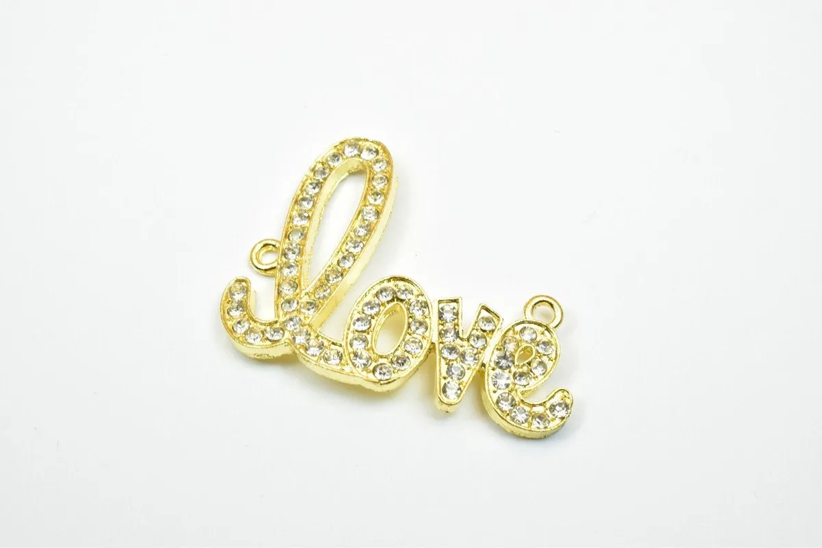 2 PCs Love Rhinestone Connector Pendant Charm Pave Beads Finding Size 33x42mm Thickness 3mm 2 Jump Rings 2mm For Jewelry Making