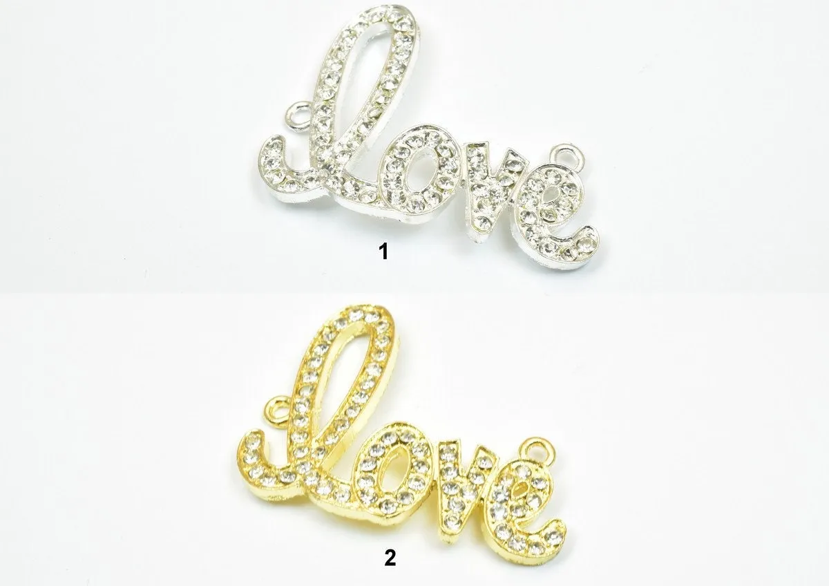 2 PCs Love Rhinestone Connector Pendant Charm Pave Beads Finding Size 33x42mm Thickness 3mm 2 Jump Rings 2mm For Jewelry Making