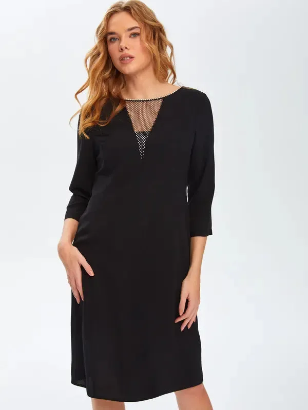 3/4 Sleeve Black Evening Dress with Stone Collar 69101