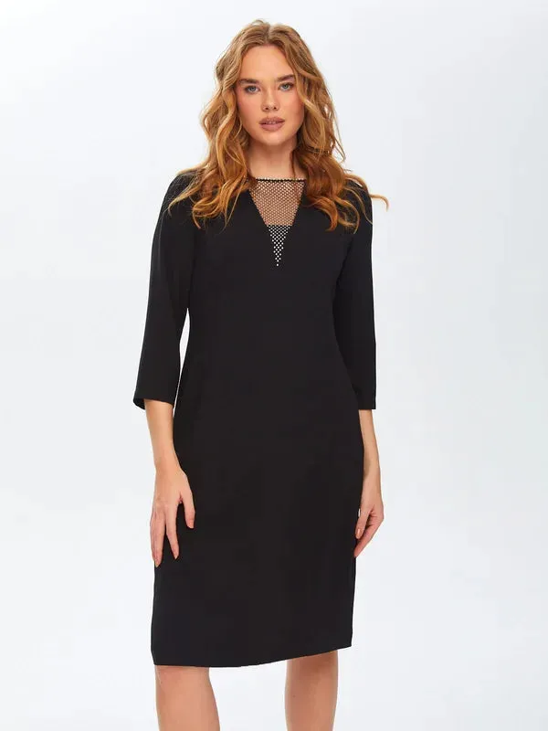 3/4 Sleeve Black Evening Dress with Stone Collar 69101