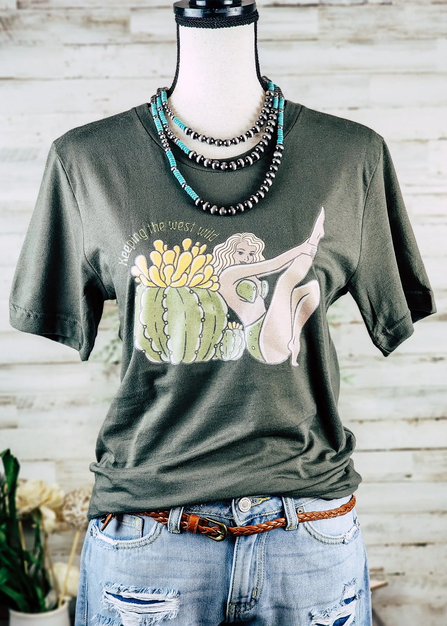 Army Green Keeping The West Wild Short Sleeve Graphic Tee