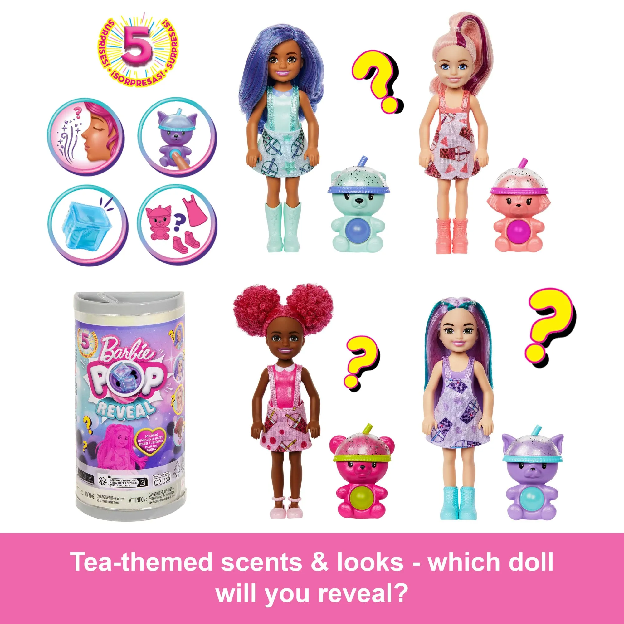 Barbie Chelsea Pop Reveal Boba Tea Series Doll in Tea Can-Inspired Package With 5 Surprises, Scented