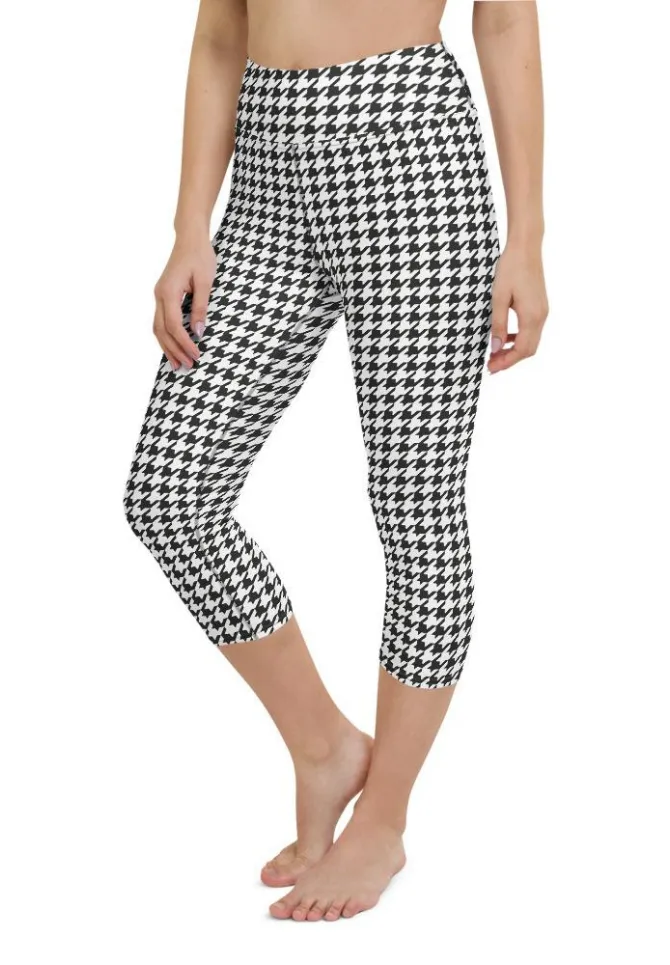 Black & White Houndstooth Print Yoga Capris