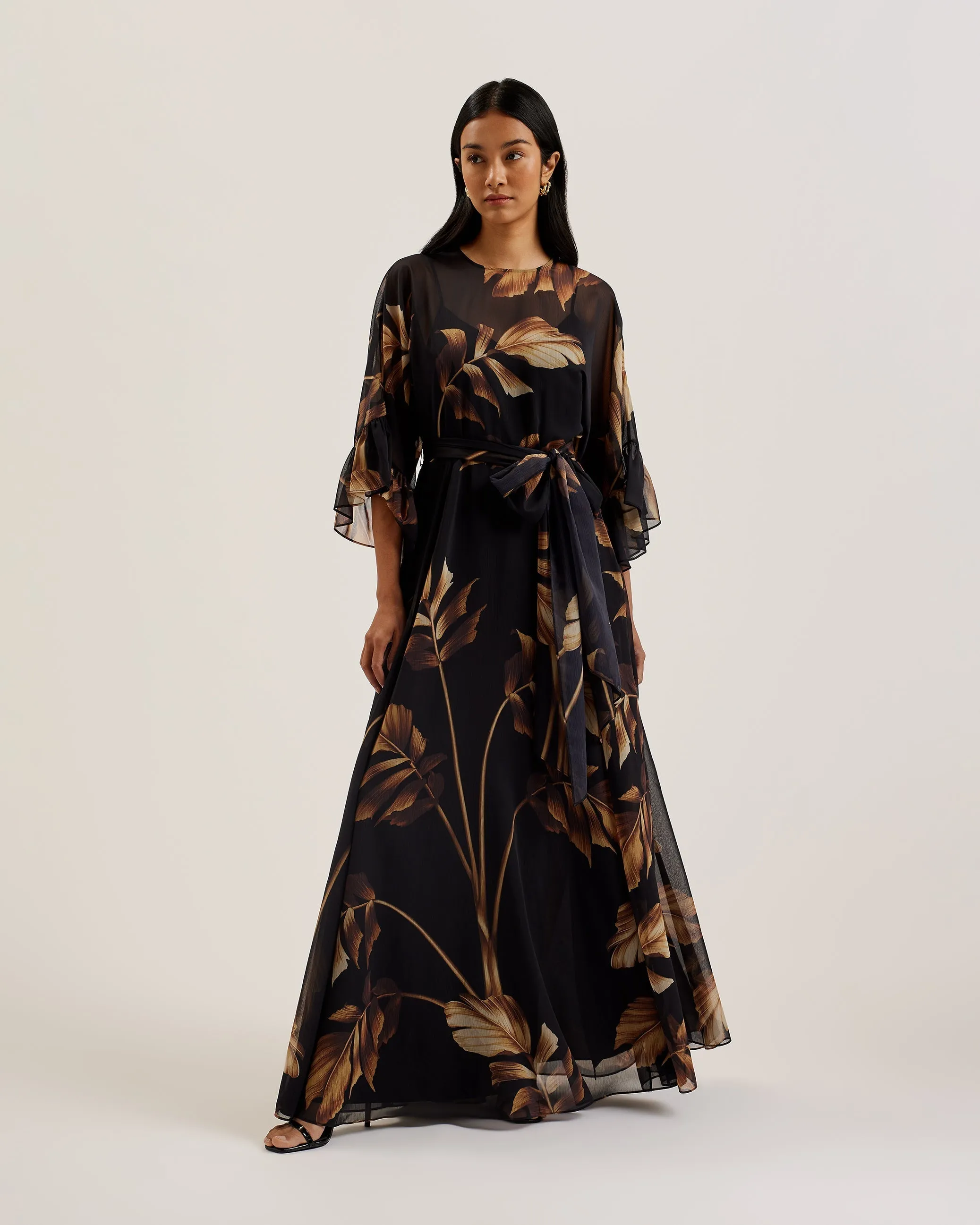 Calama Sheer Printed Maxi Dress With Slit Black