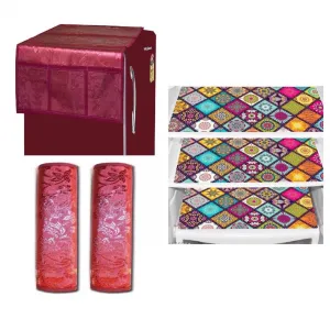 Combo of Fridge Cover for Top, 2 Fridge Handle Covers   3 Fridge Mats