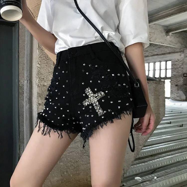 'Danger' Black/ Blue Goth Alt Studded Cross Shorts