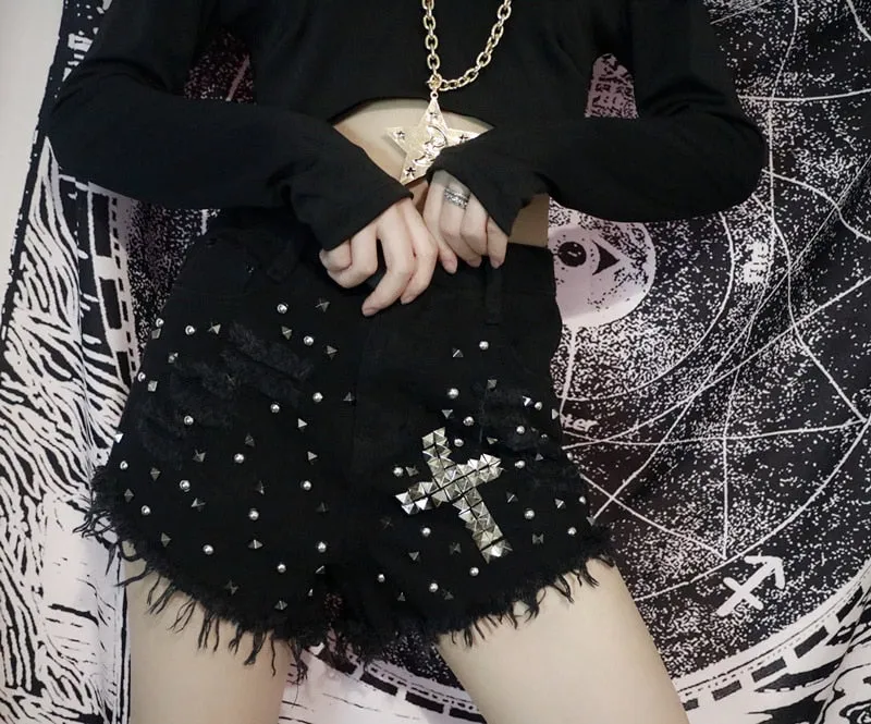 'Danger' Black/ Blue Goth Alt Studded Cross Shorts