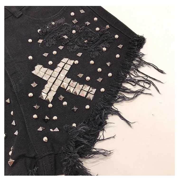 'Danger' Black/ Blue Goth Alt Studded Cross Shorts