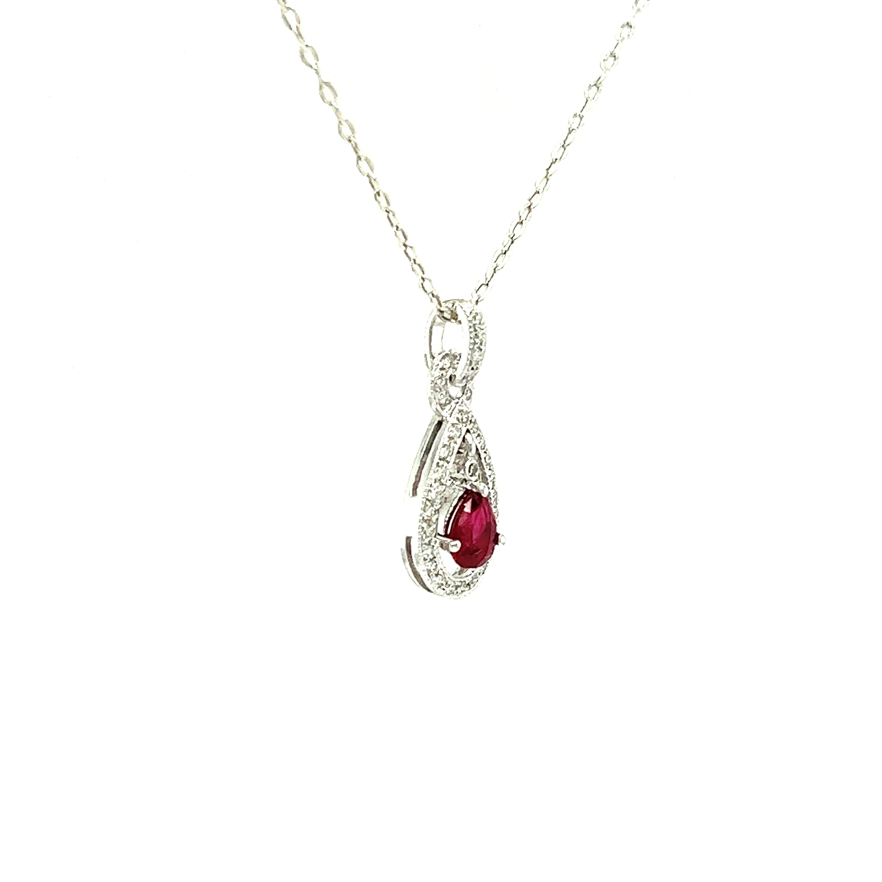 Dangling Pear Ruby Pendant with Diamond Accents in 14K White Gold