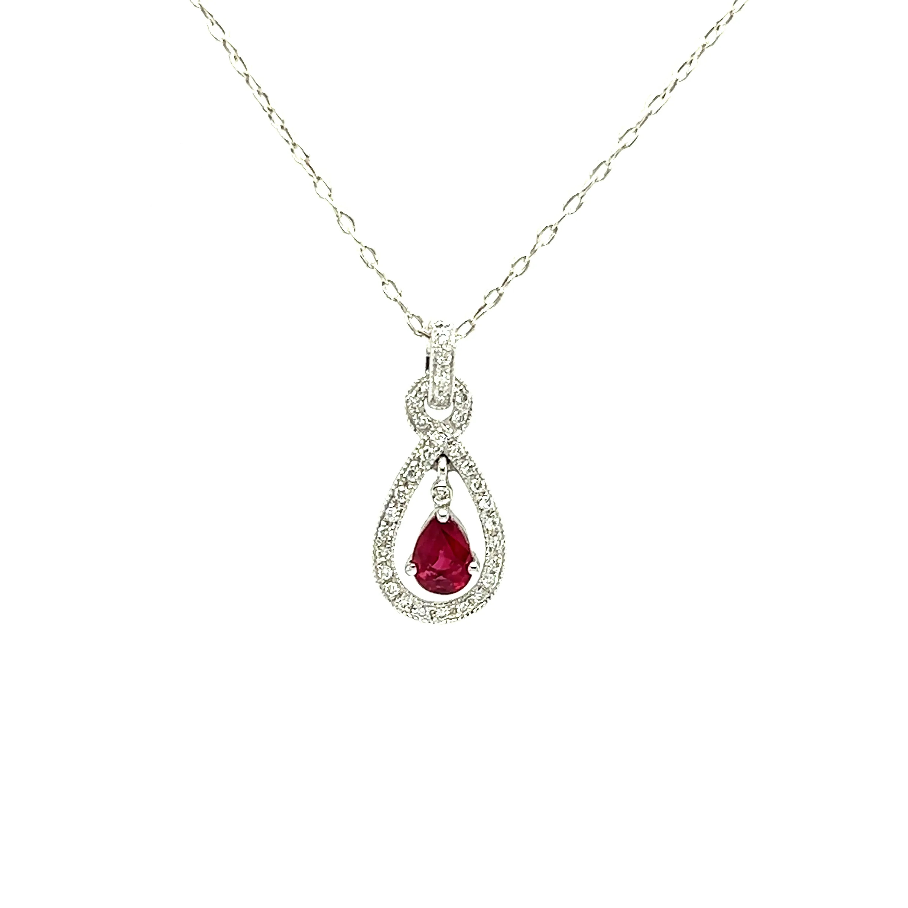 Dangling Pear Ruby Pendant with Diamond Accents in 14K White Gold