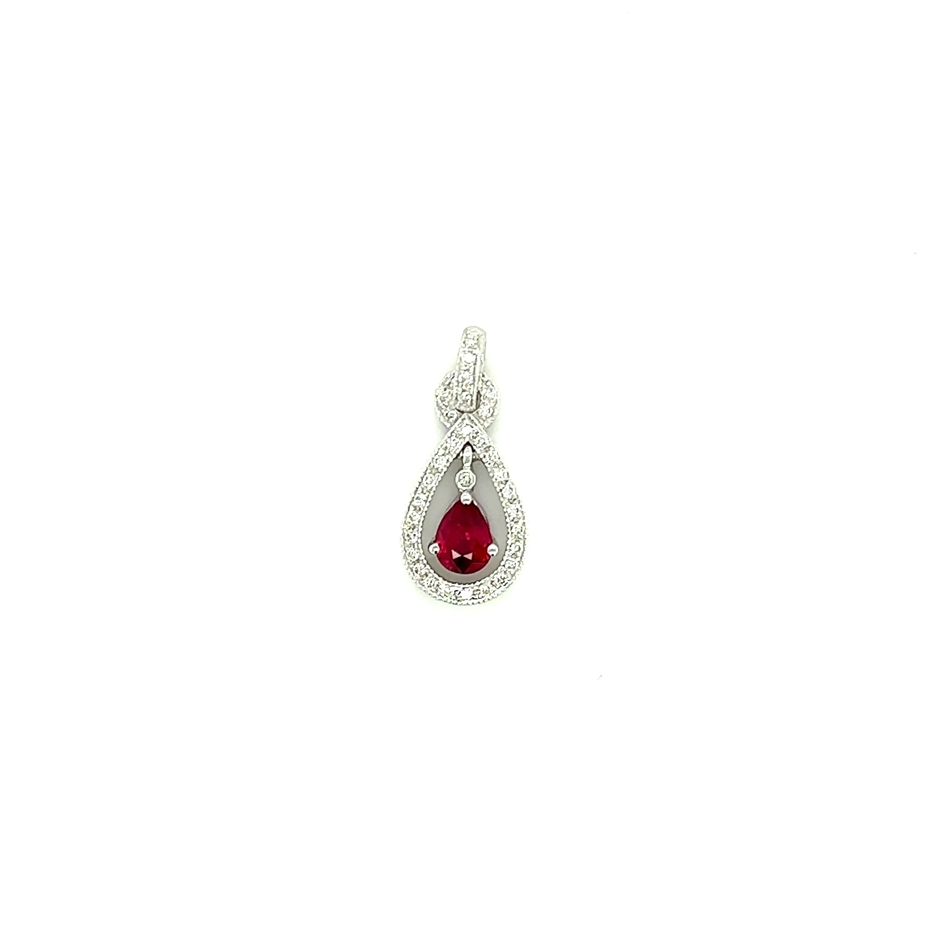 Dangling Pear Ruby Pendant with Diamond Accents in 14K White Gold