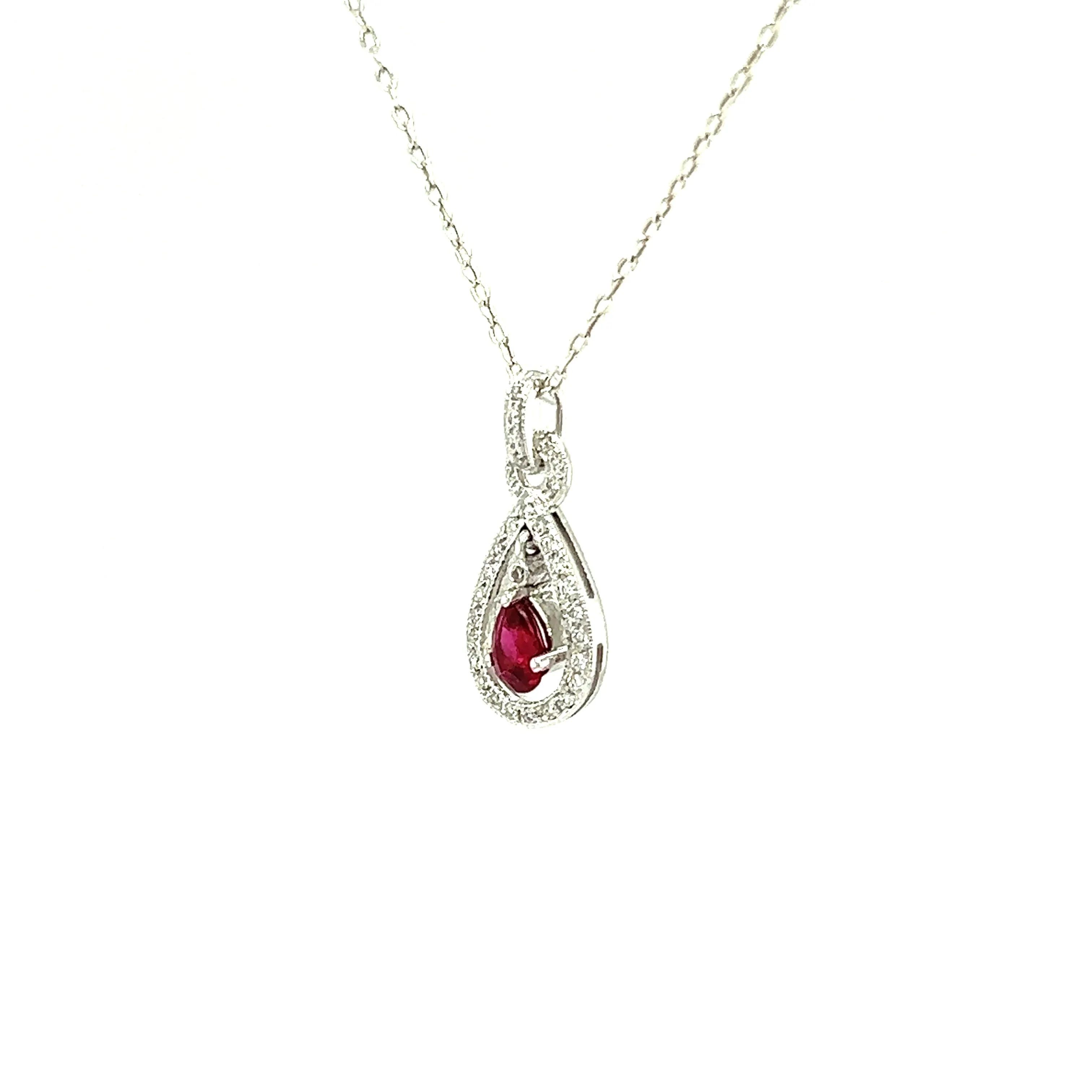 Dangling Pear Ruby Pendant with Diamond Accents in 14K White Gold