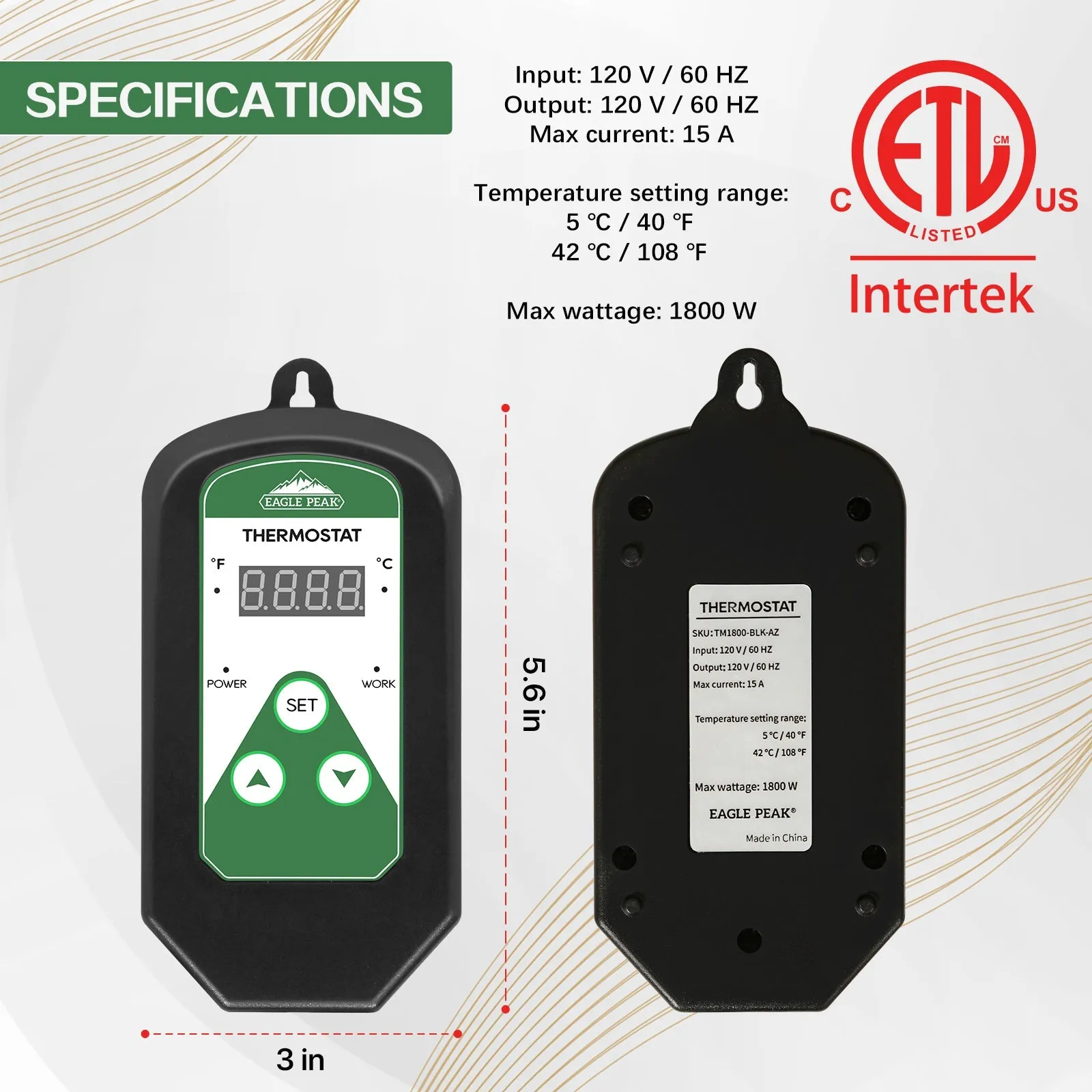 EAGLE PEAK Digital Heat Mat Thermostat Controller 42–108 ºF for Heat Mat, Greenhouse, Heater Fan, Seedling, Germination, Fermentation and Reptiles, 15A/1800W