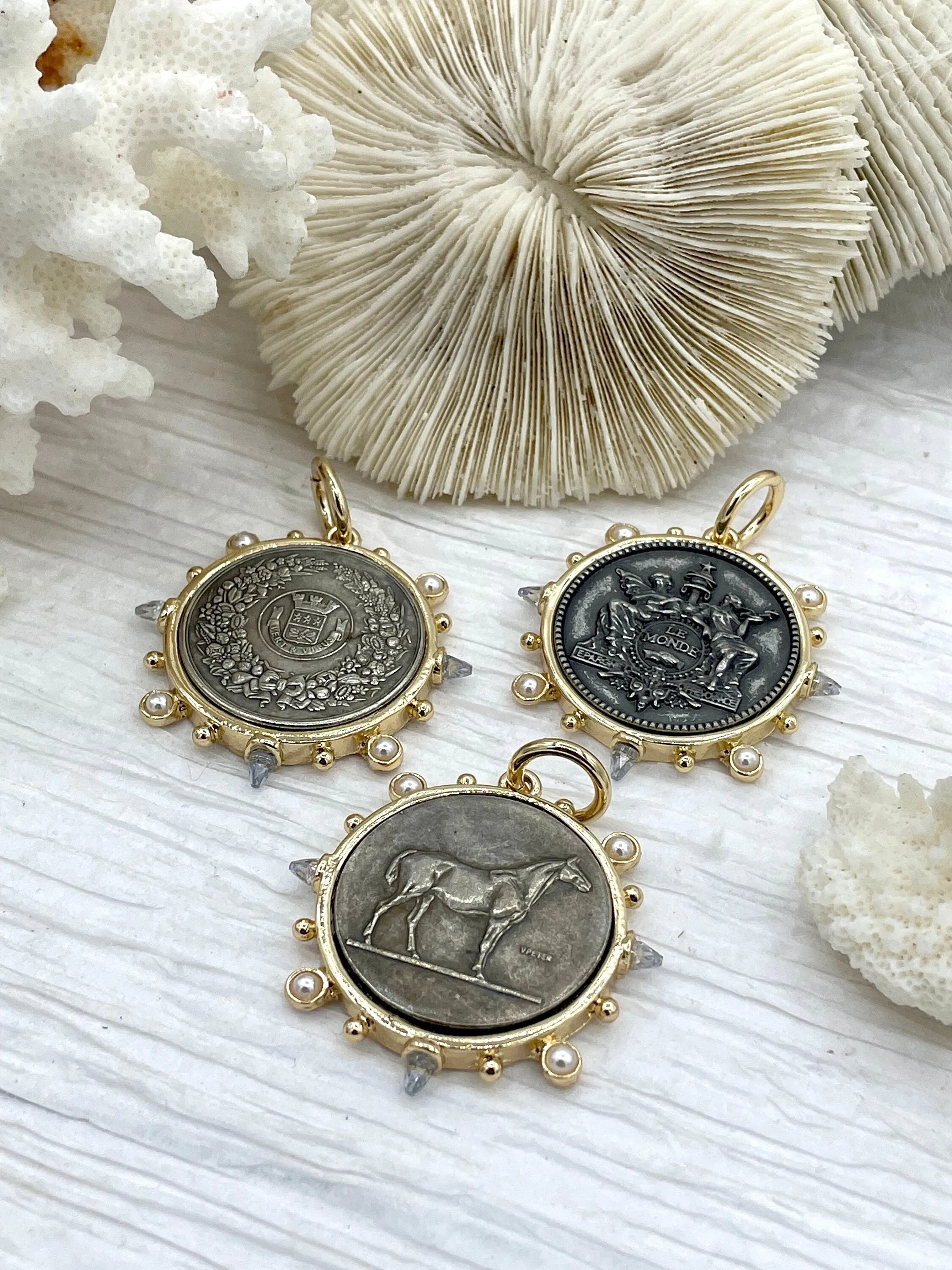 French Horticole De Dison Pendant, Horse Coin Pendant, French Pendant, Le Monde Coin, Clear Spike & Round Pearl Accents Coin.Fast Ship