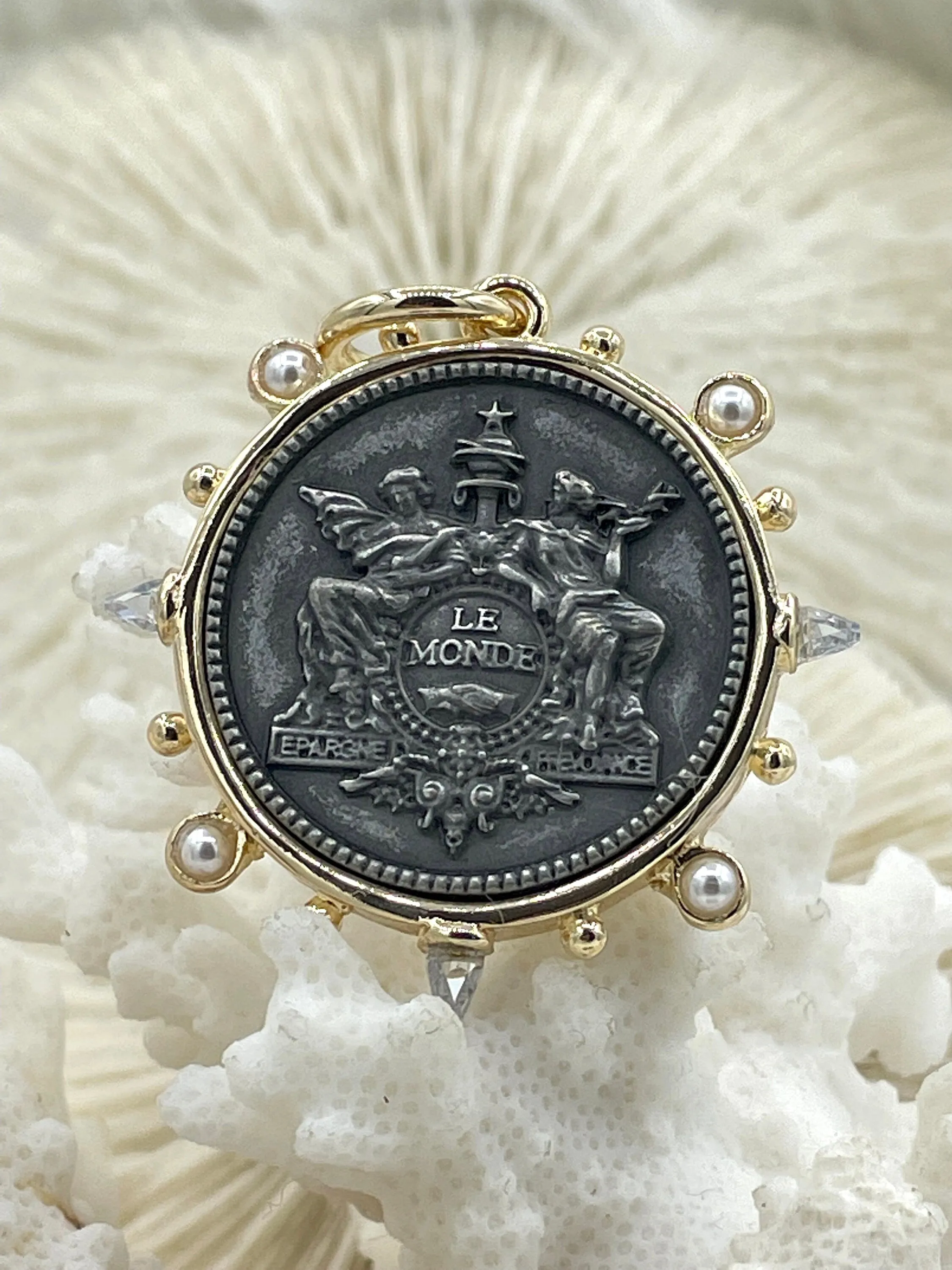 French Horticole De Dison Pendant, Horse Coin Pendant, French Pendant, Le Monde Coin, Clear Spike & Round Pearl Accents Coin.Fast Ship