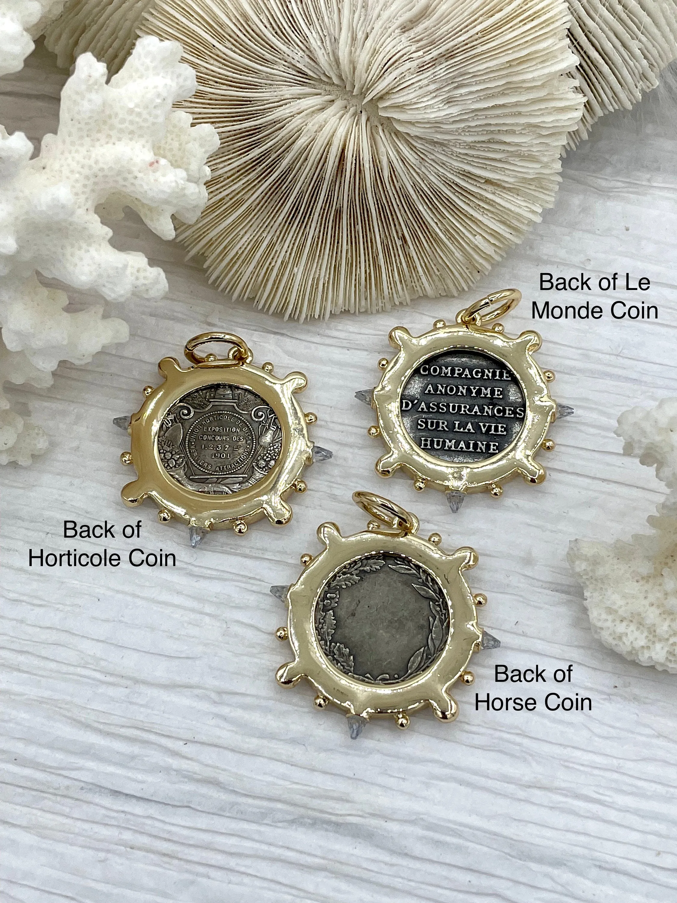 French Horticole De Dison Pendant, Horse Coin Pendant, French Pendant, Le Monde Coin, Clear Spike & Round Pearl Accents Coin.Fast Ship