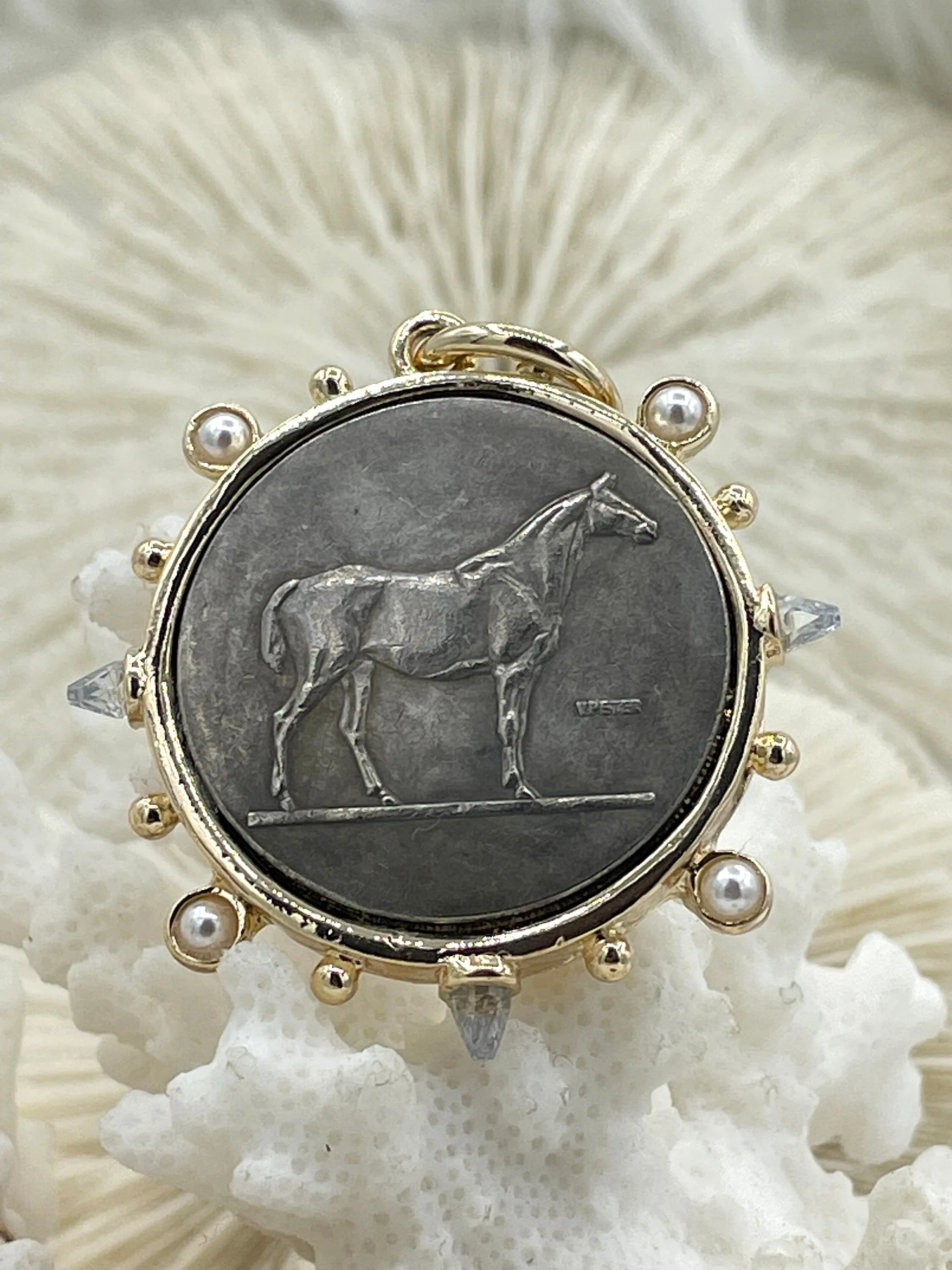 French Horticole De Dison Pendant, Horse Coin Pendant, French Pendant, Le Monde Coin, Clear Spike & Round Pearl Accents Coin.Fast Ship