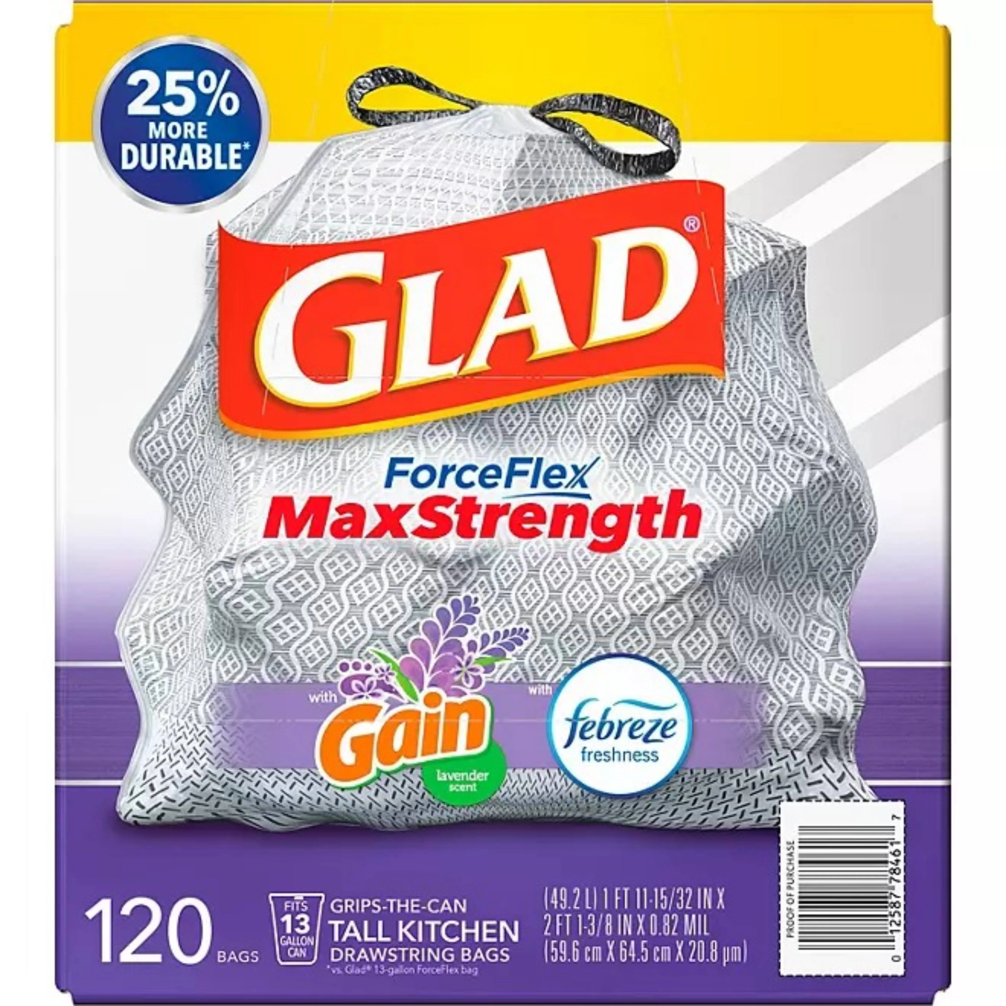 Glad ForceFlex Plus Tall Kitchen 13 Gallon Drawstring White Trash Bags, Mediterranean Lavender - 120 Ct