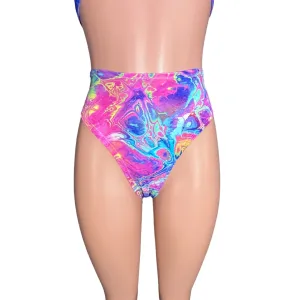 HIGH Thigh Bikini Bottom in Rainbow Vapor Spandex | Cheeky Brazilian Bikini for Rave Outfit