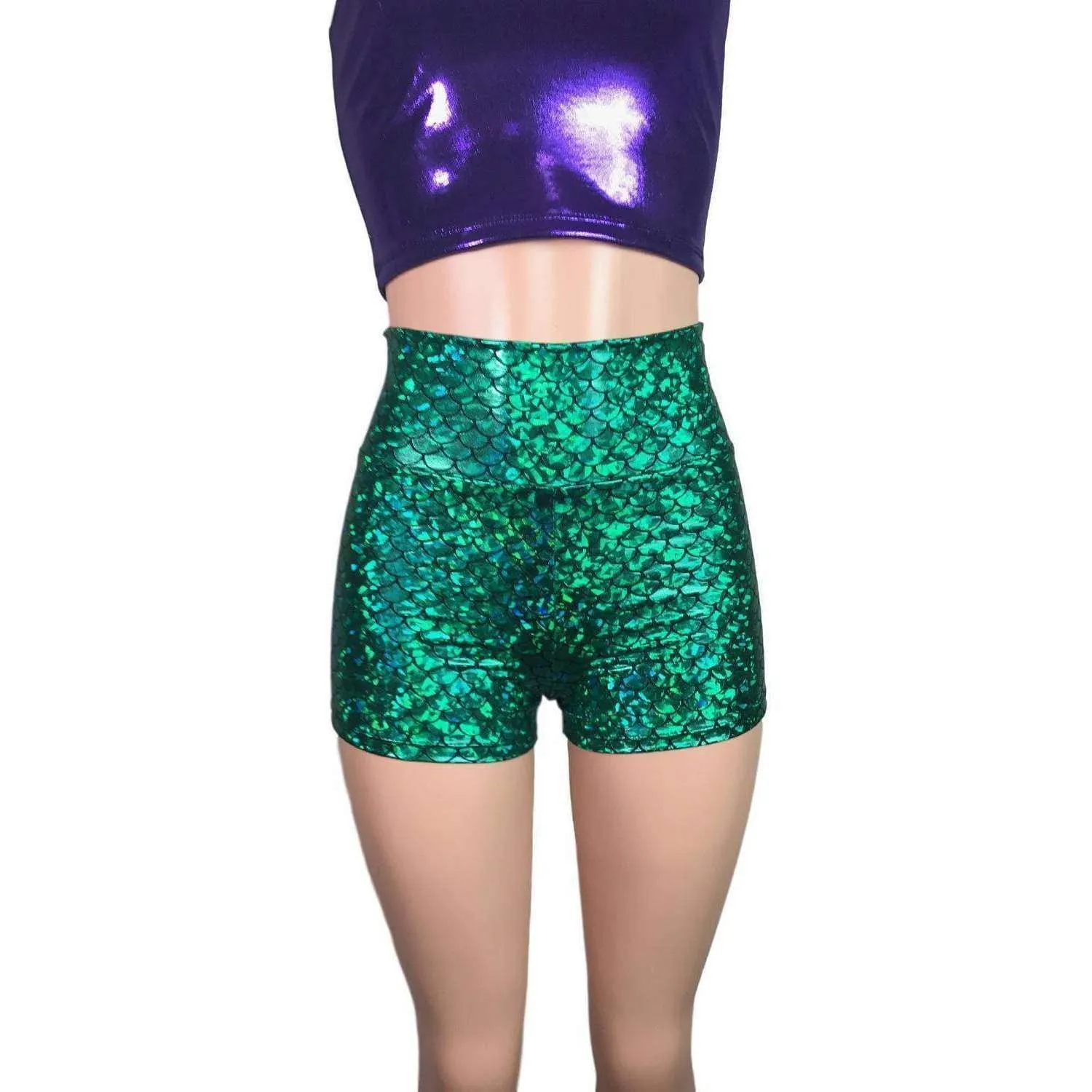 High Waisted Booty Shorts - Green Mermaid Scales