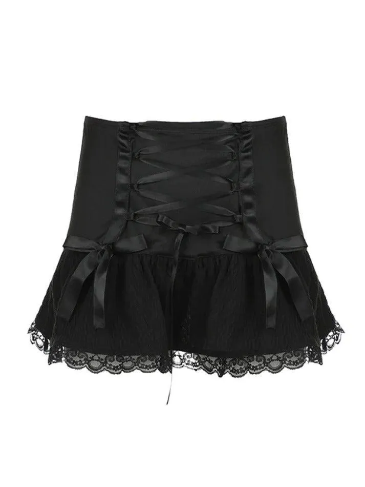 Lace Splice Crossover Tie Up Pleated Mini Skirt