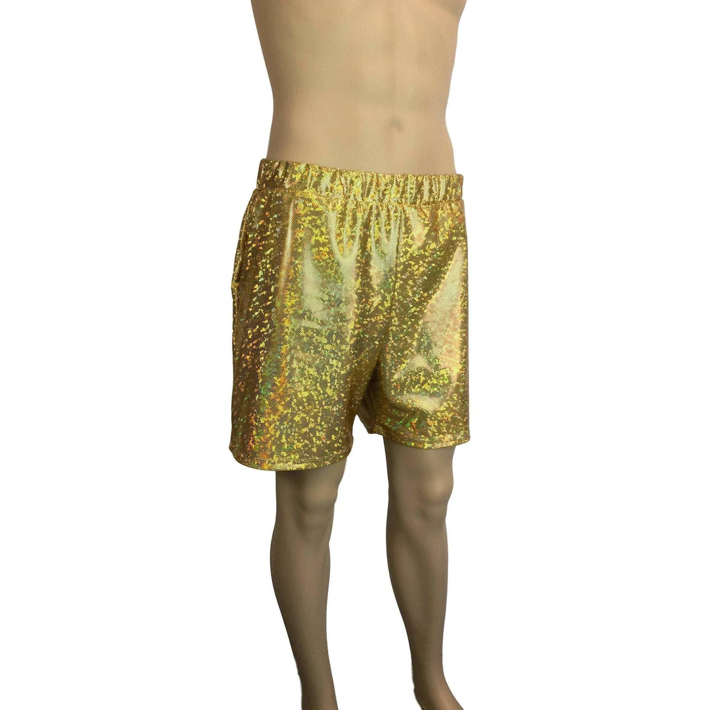 Men's Gold Shattered Glass Holographic Shorts W/ Pockets