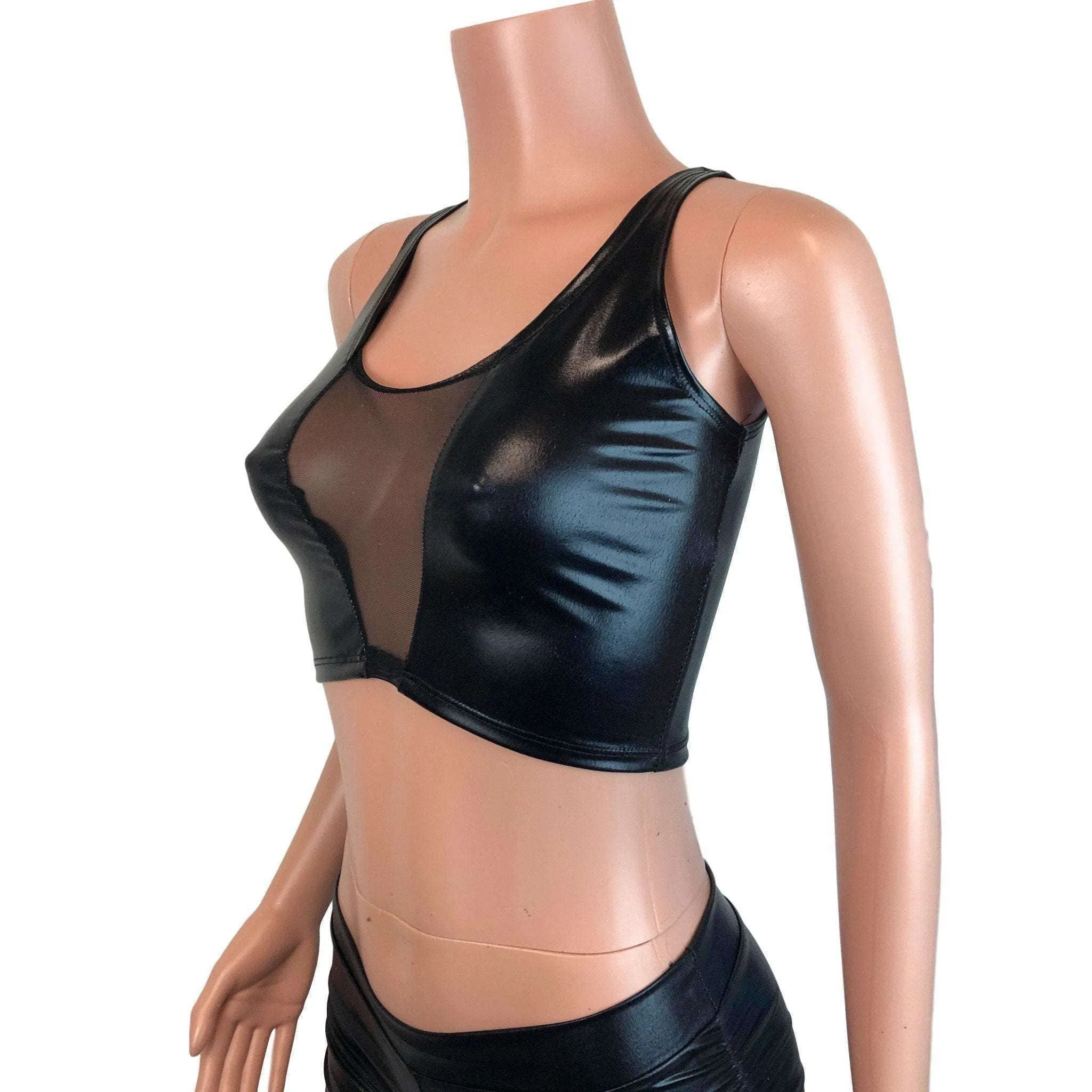 Mesh Inset Crop Tank - Black Metallic "Wet Look"