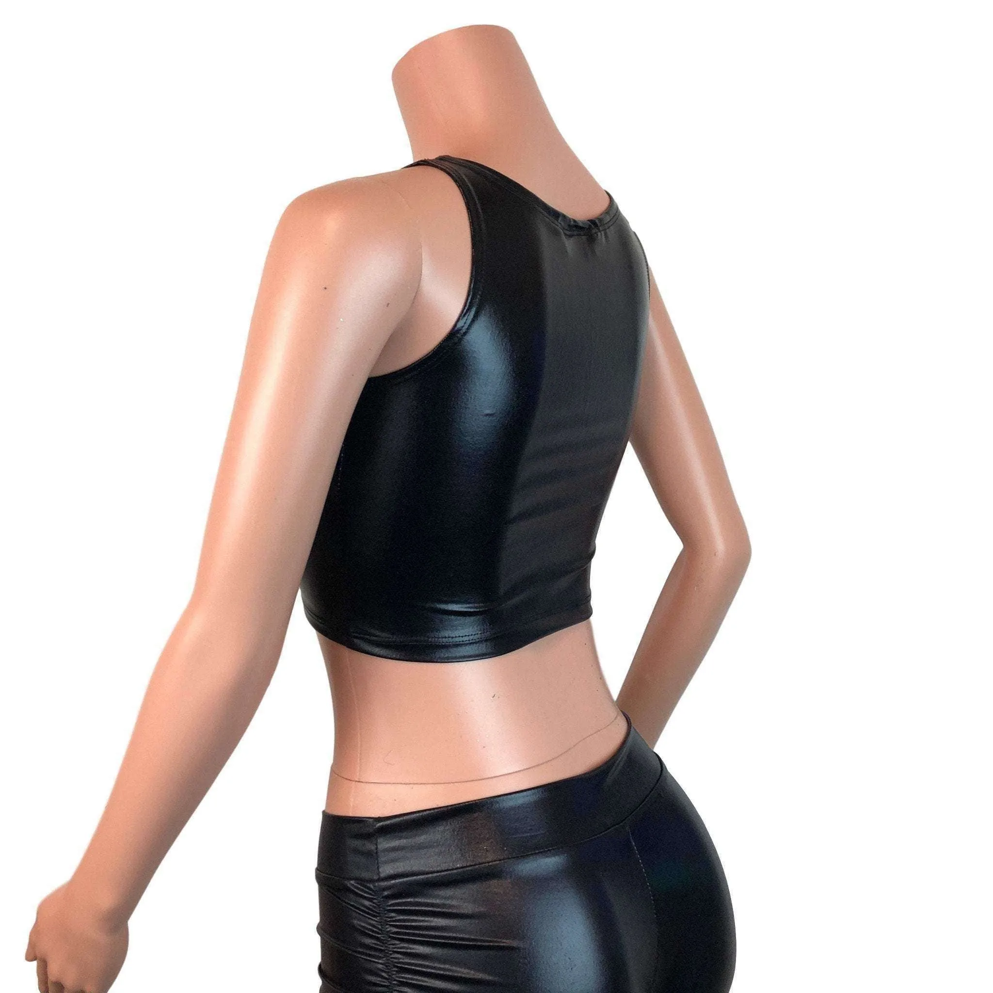 Mesh Inset Crop Tank - Black Metallic "Wet Look"