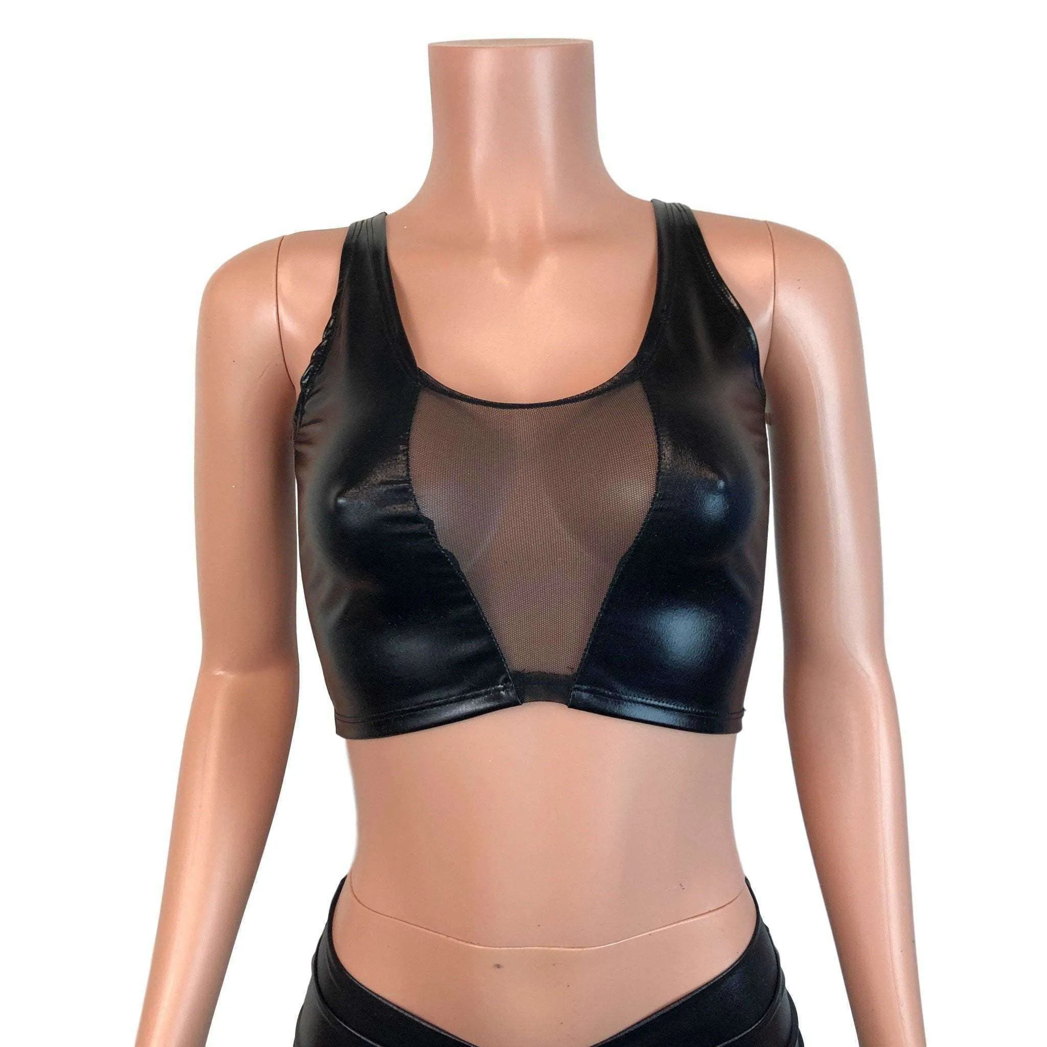 Mesh Inset Crop Tank - Black Metallic "Wet Look"