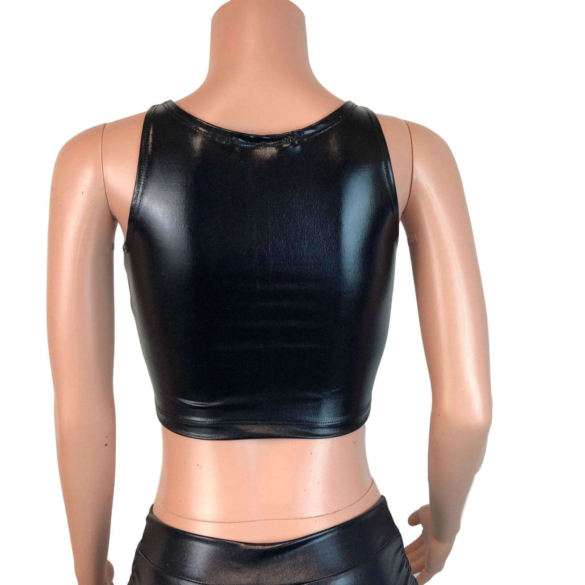 Mesh Inset Crop Tank - Black Metallic "Wet Look"