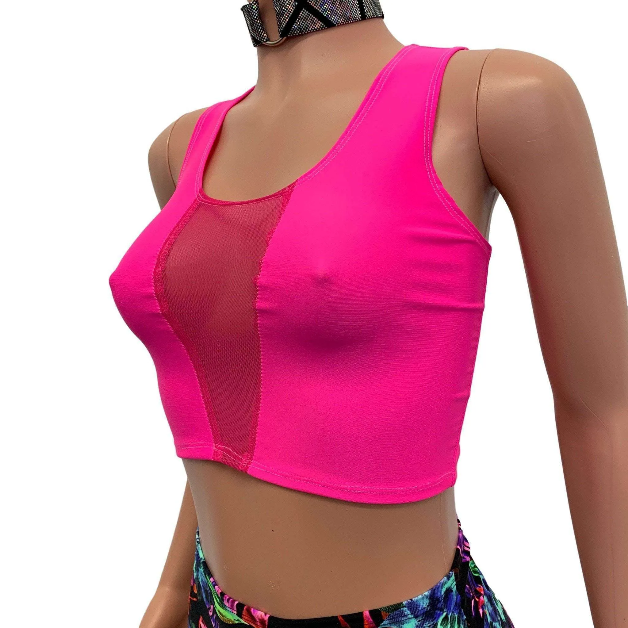 Mesh Inset Crop Tank Top - Neon Pink Spandex