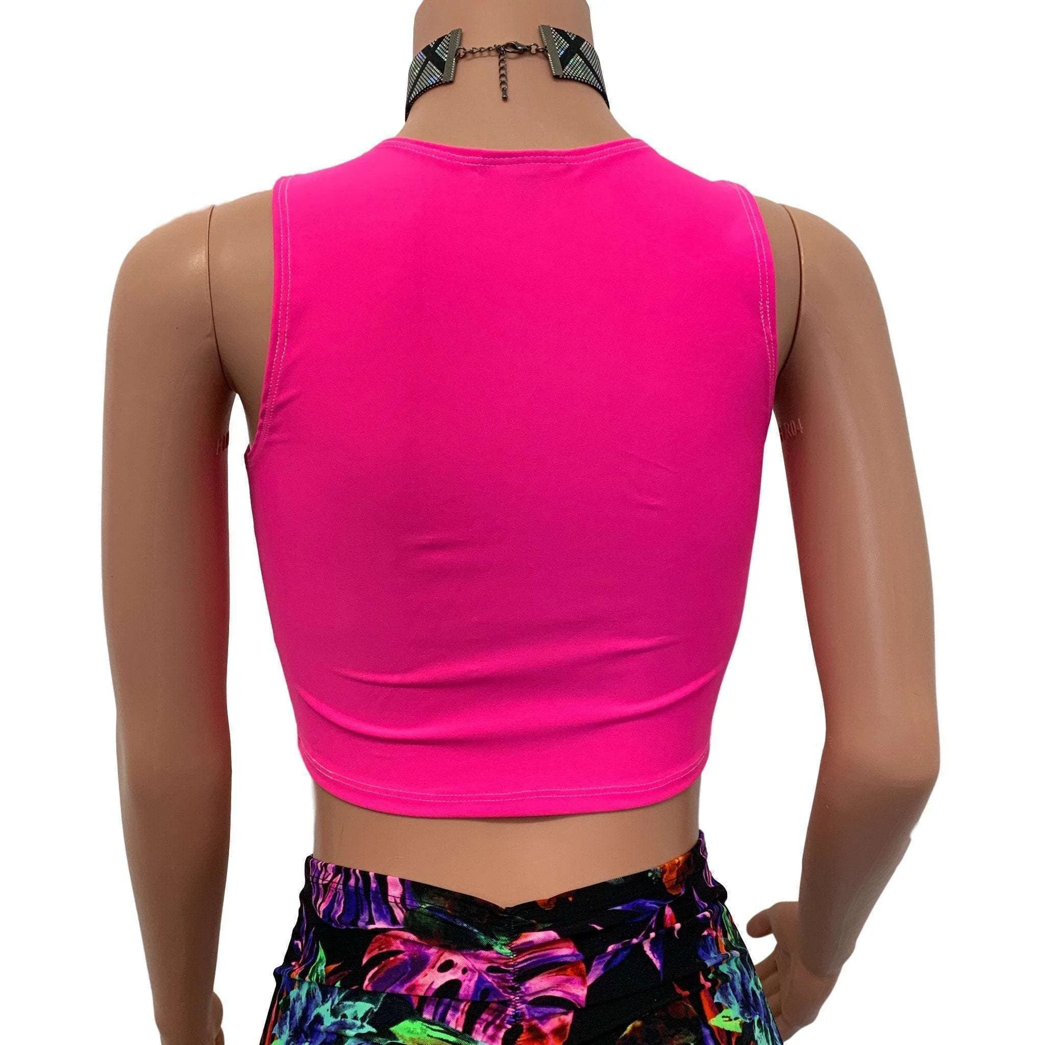 Mesh Inset Crop Tank Top - Neon Pink Spandex