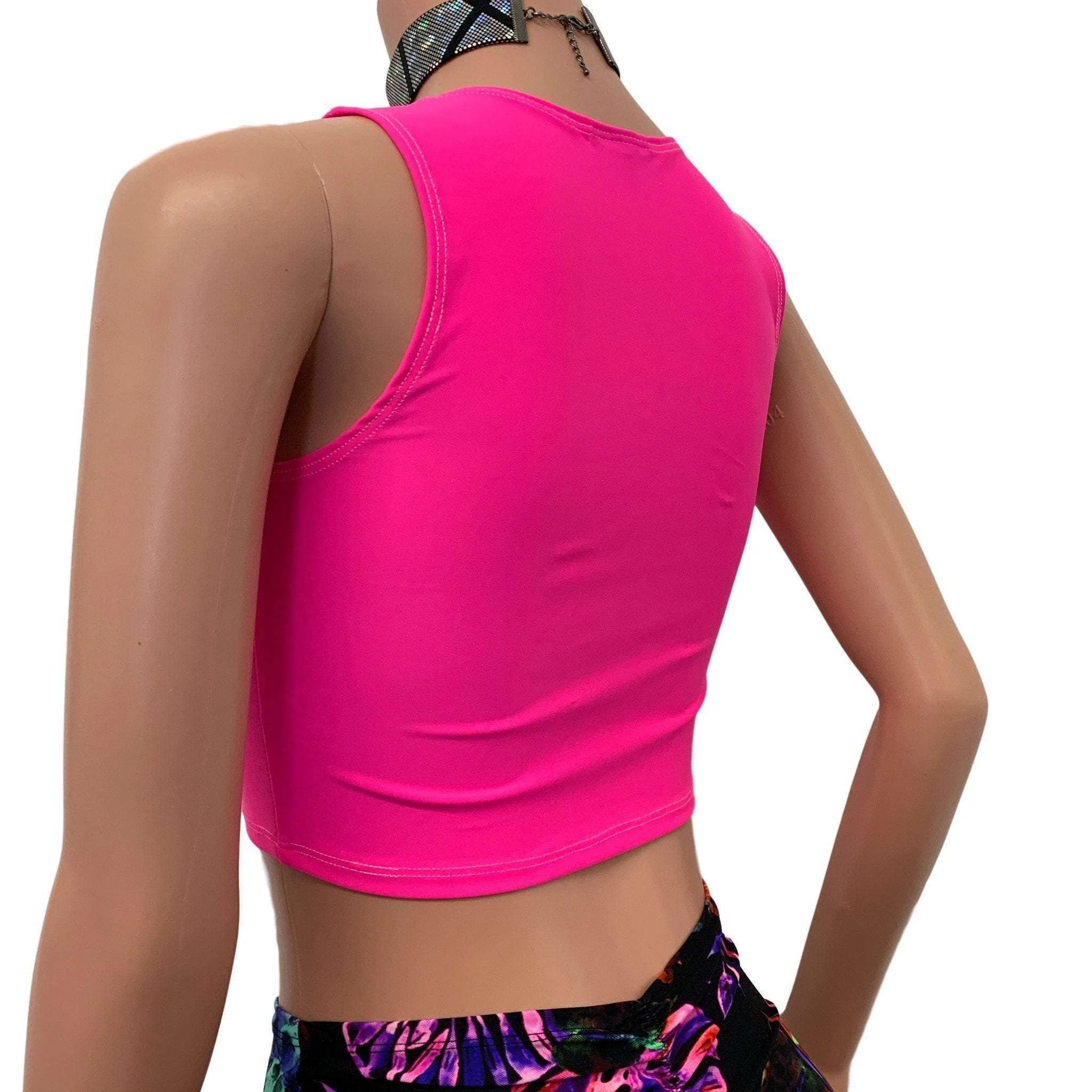 Mesh Inset Crop Tank Top - Neon Pink Spandex