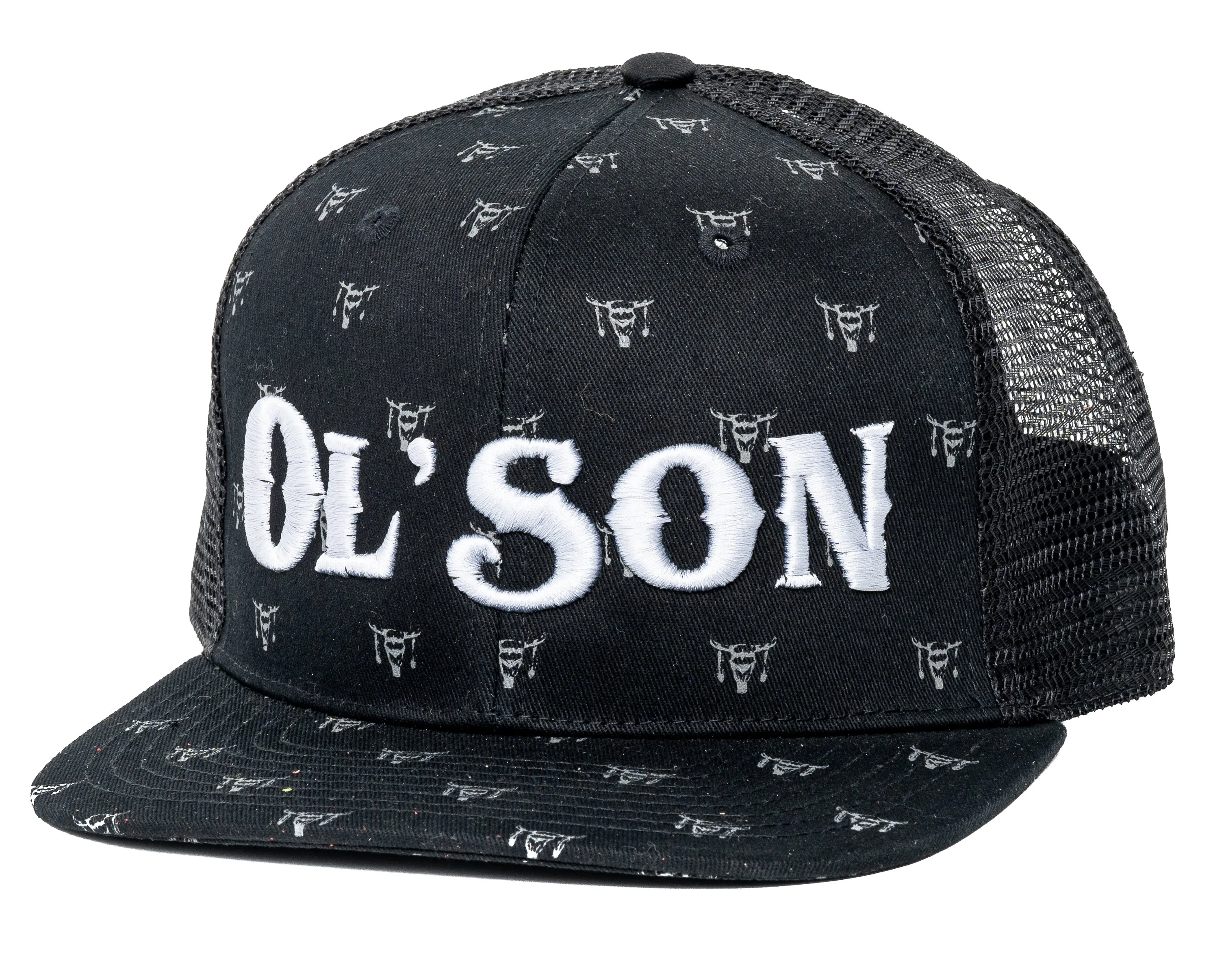 Ol' Son Black Mesh Skull Print Flatbill