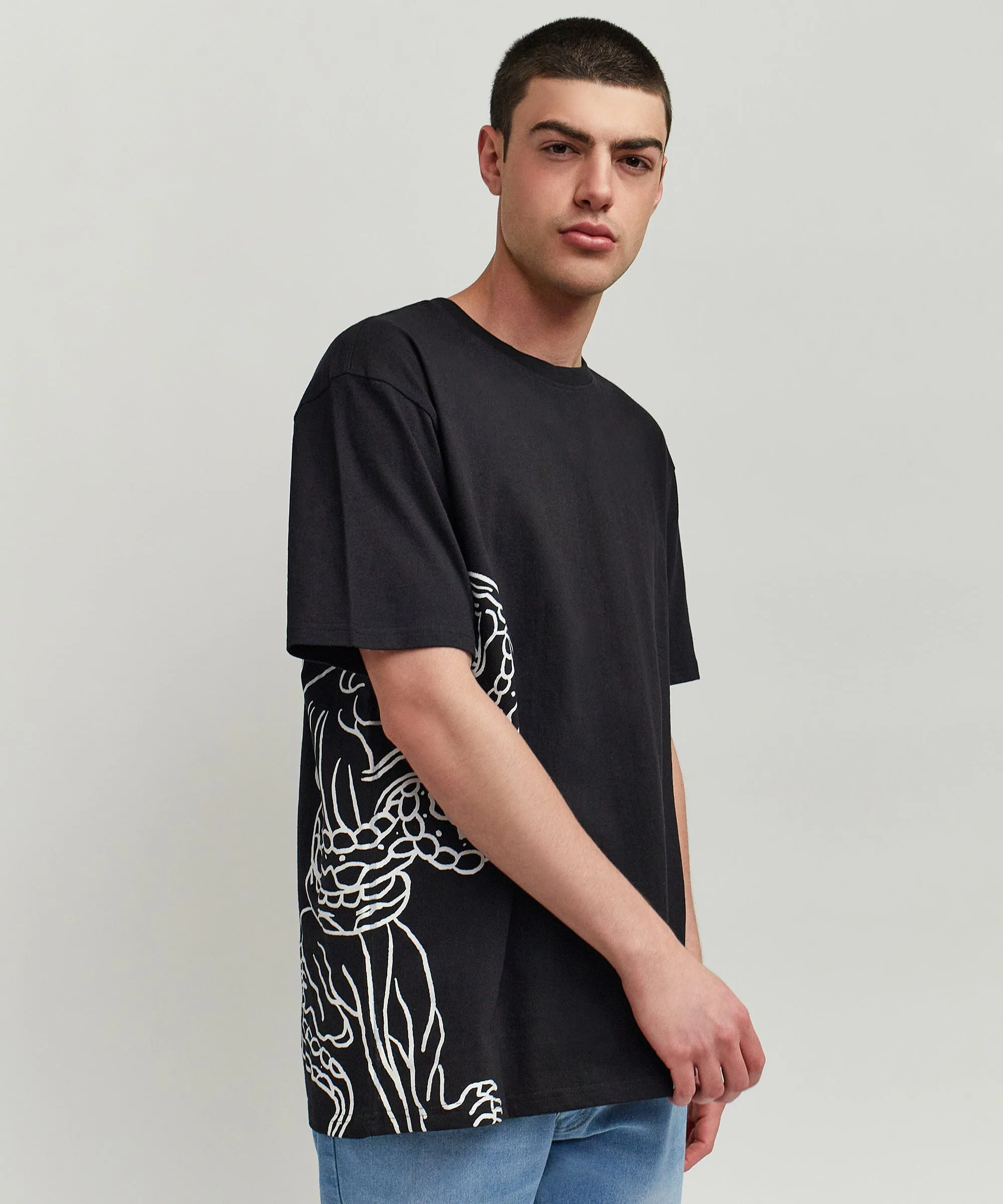 Panter Short Sleeve Graphic Print Embroidered Detail Tee - Black