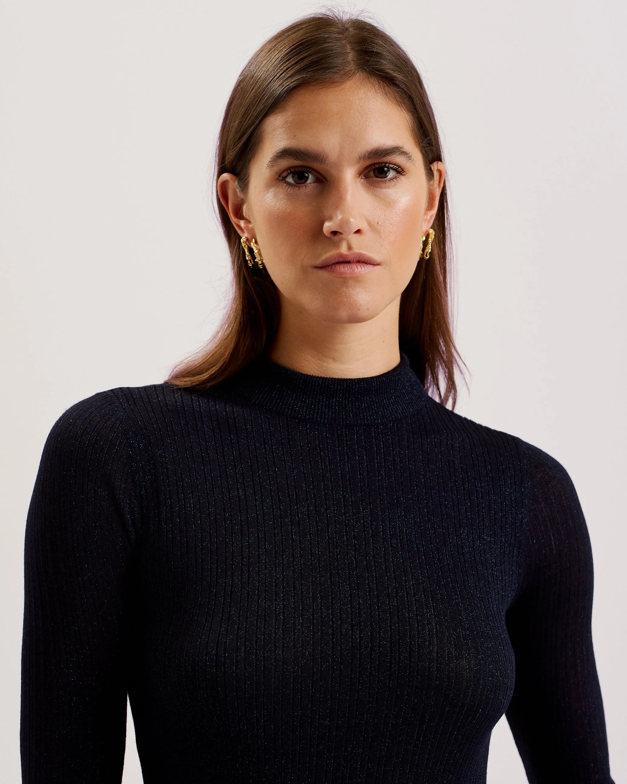 Raineee Metallic Ribbed Funnel Neck Jumper Navy