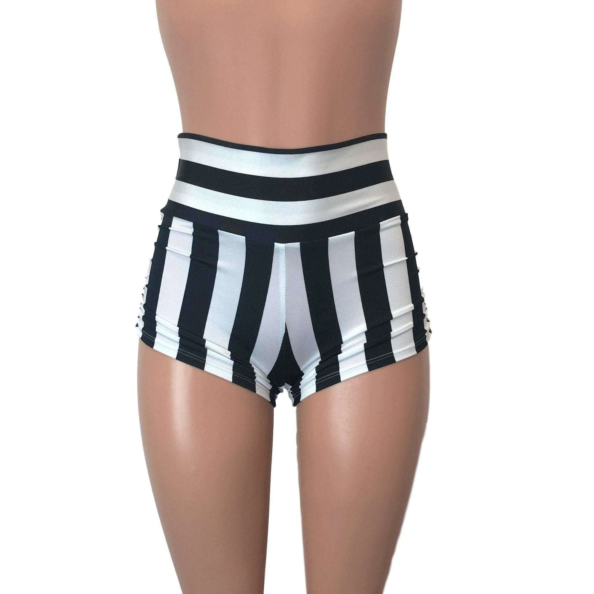 Ruched Booty Shorts - Black & White Stripe Scrunch Shorts