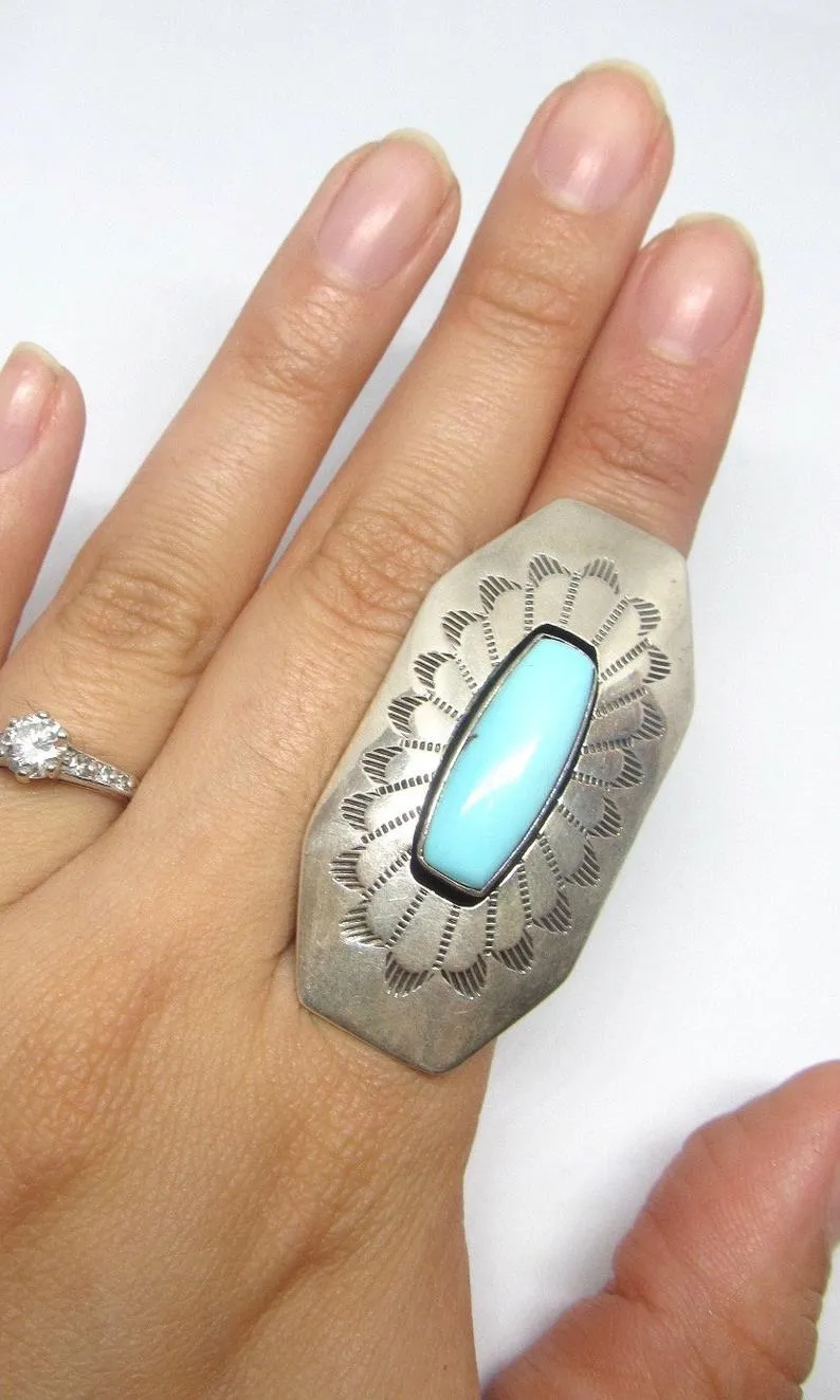 RUNNING BEAR Navajo Turquoise & Sterling Silver Statement Ring, Sz 6