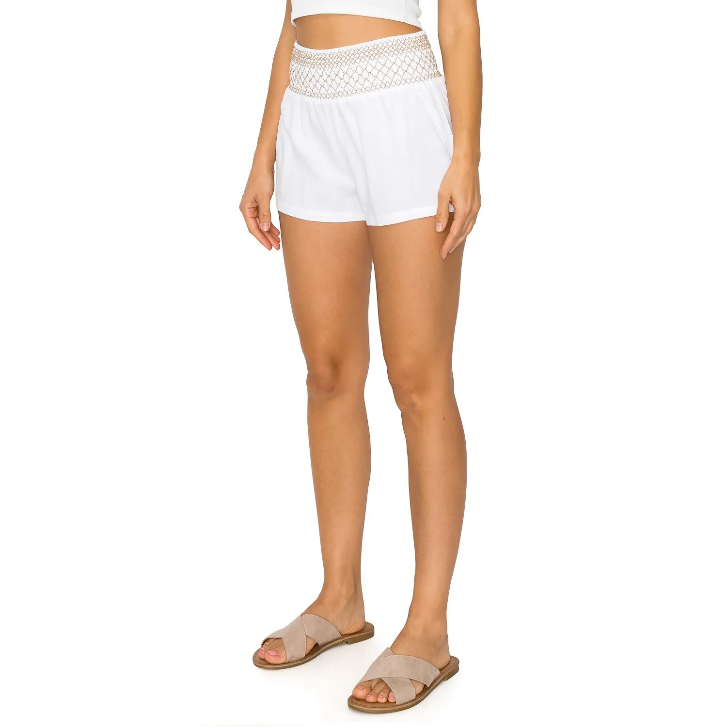 Smocked Waistband with Contrast Stitch Linen Short - White Ginger